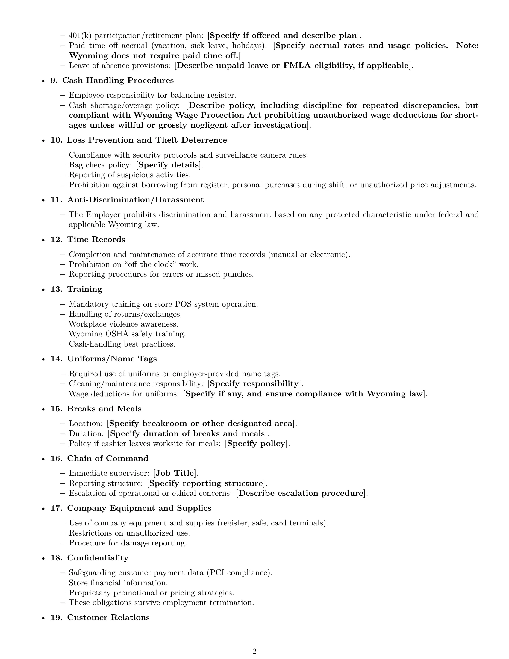 Preview page 2 of Free Wyoming cashier employment contract template