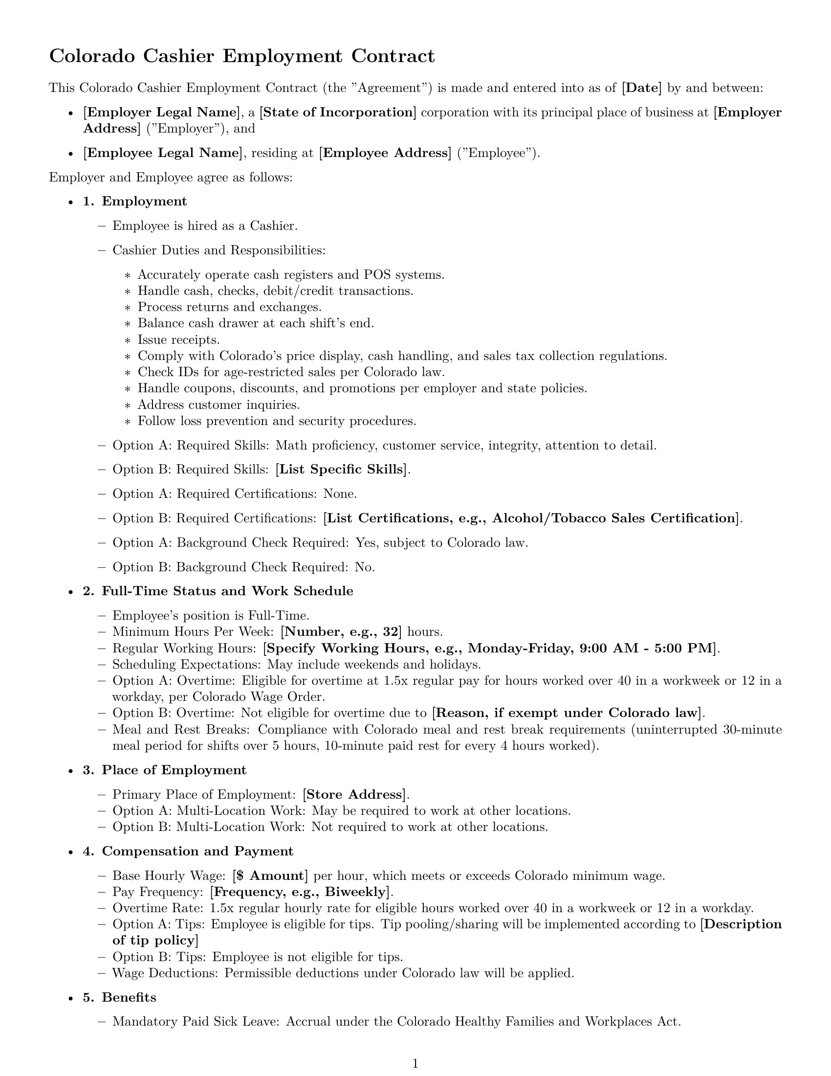 Preview page 1 of Free Colorado cashier employment contract template