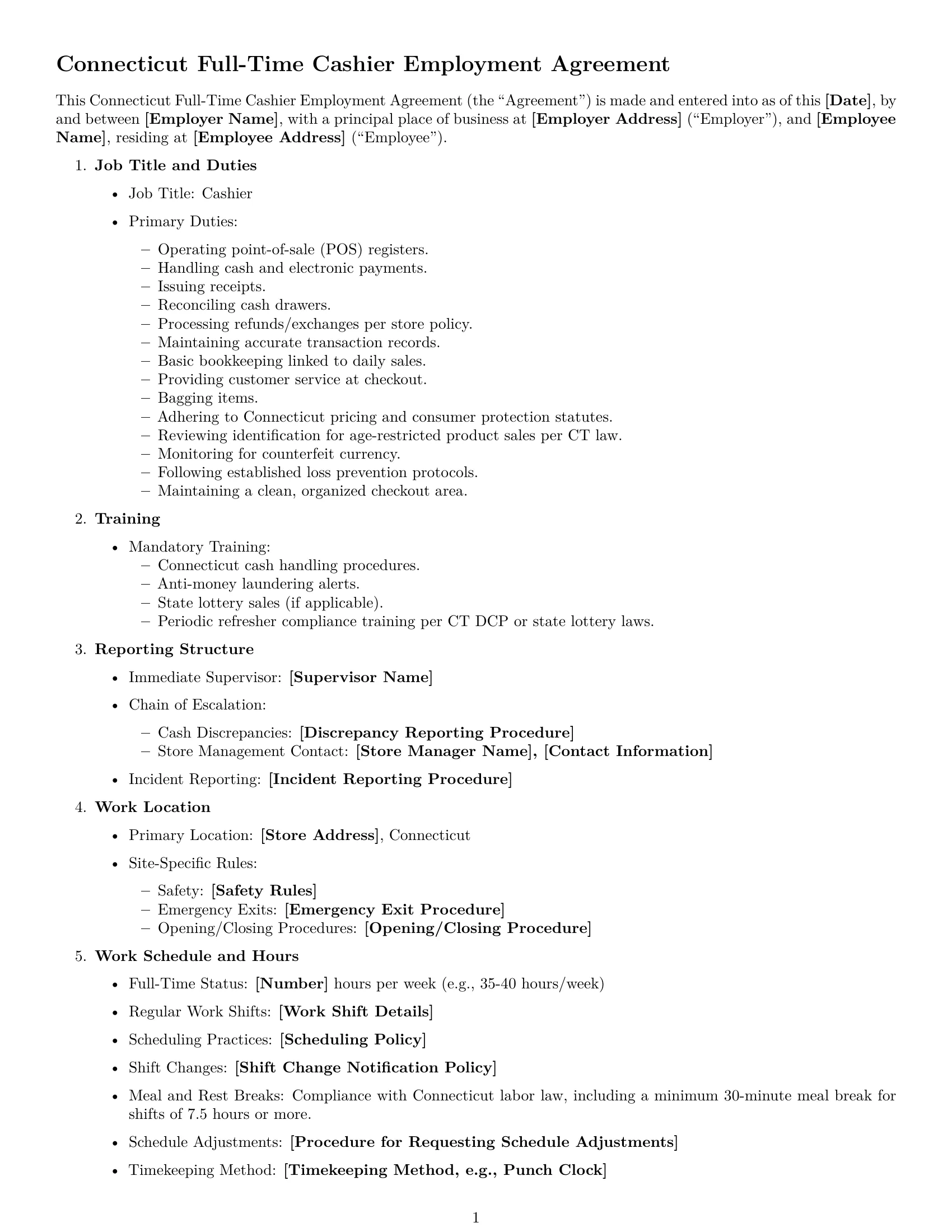 Preview page 1 of Free Connecticut cashier employment contract template