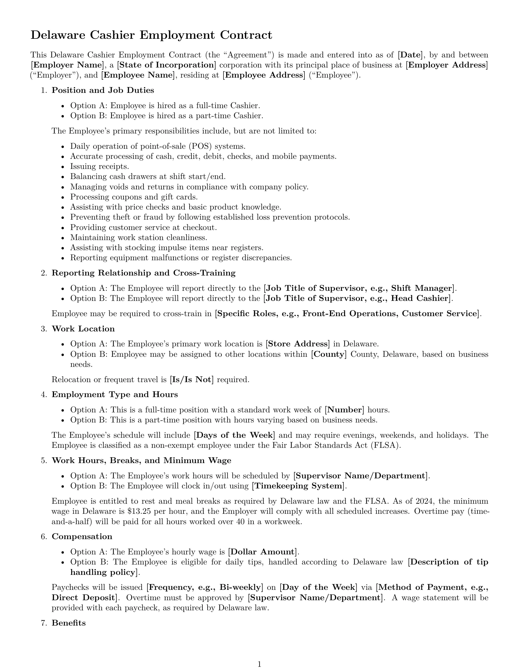 Preview page 1 of Free Delaware cashier employment contract template