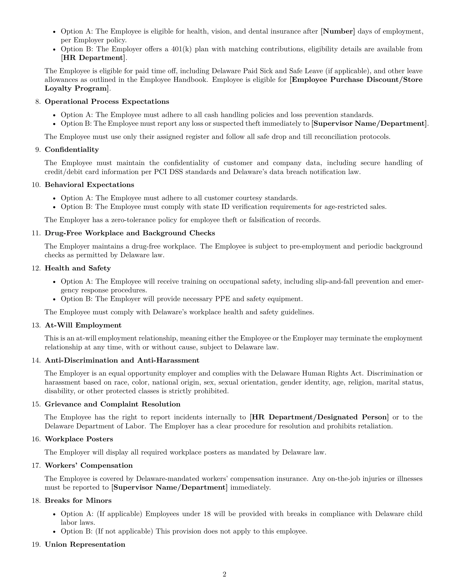 Preview page 2 of Free Delaware cashier employment contract template