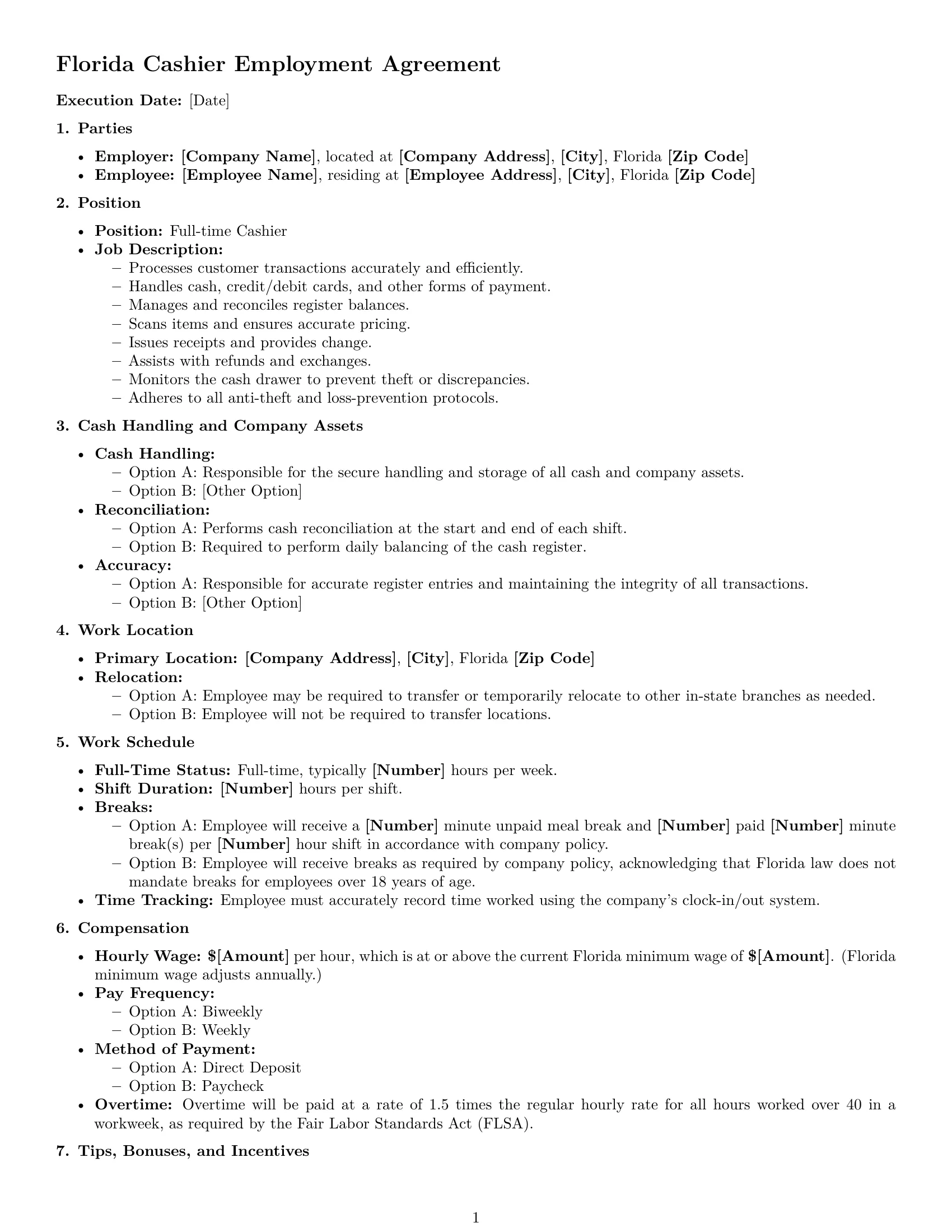 Preview page 1 of Free Florida cashier employment contract template