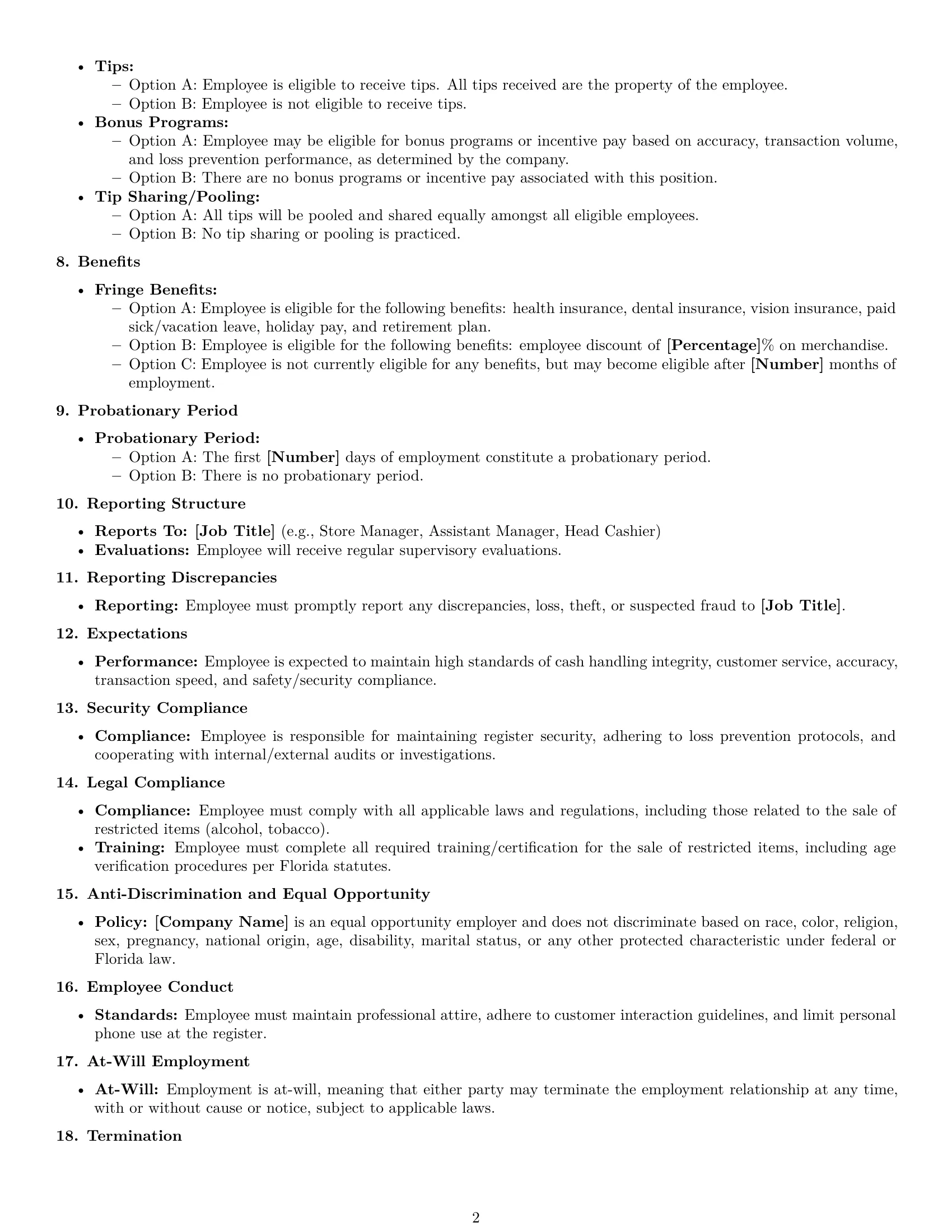 Preview page 2 of Free Florida cashier employment contract template