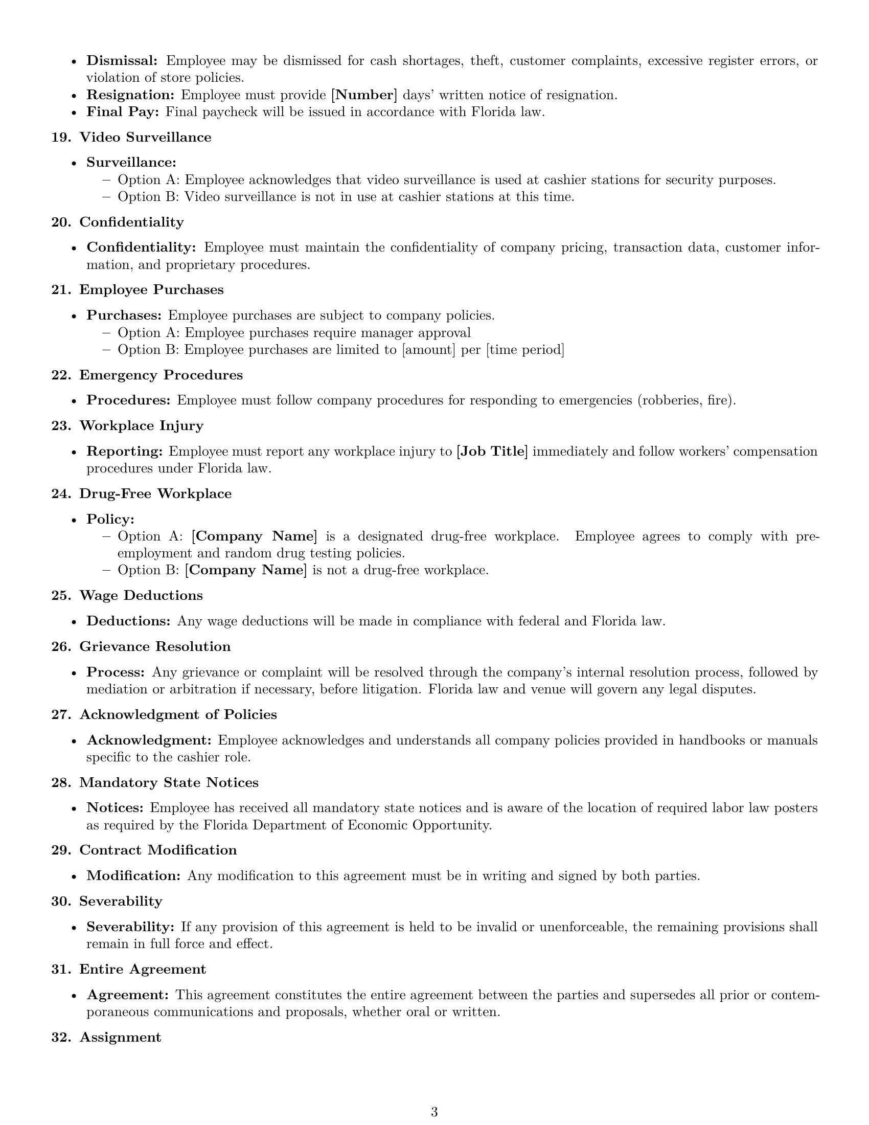 Preview page 3 of Free Florida cashier employment contract template