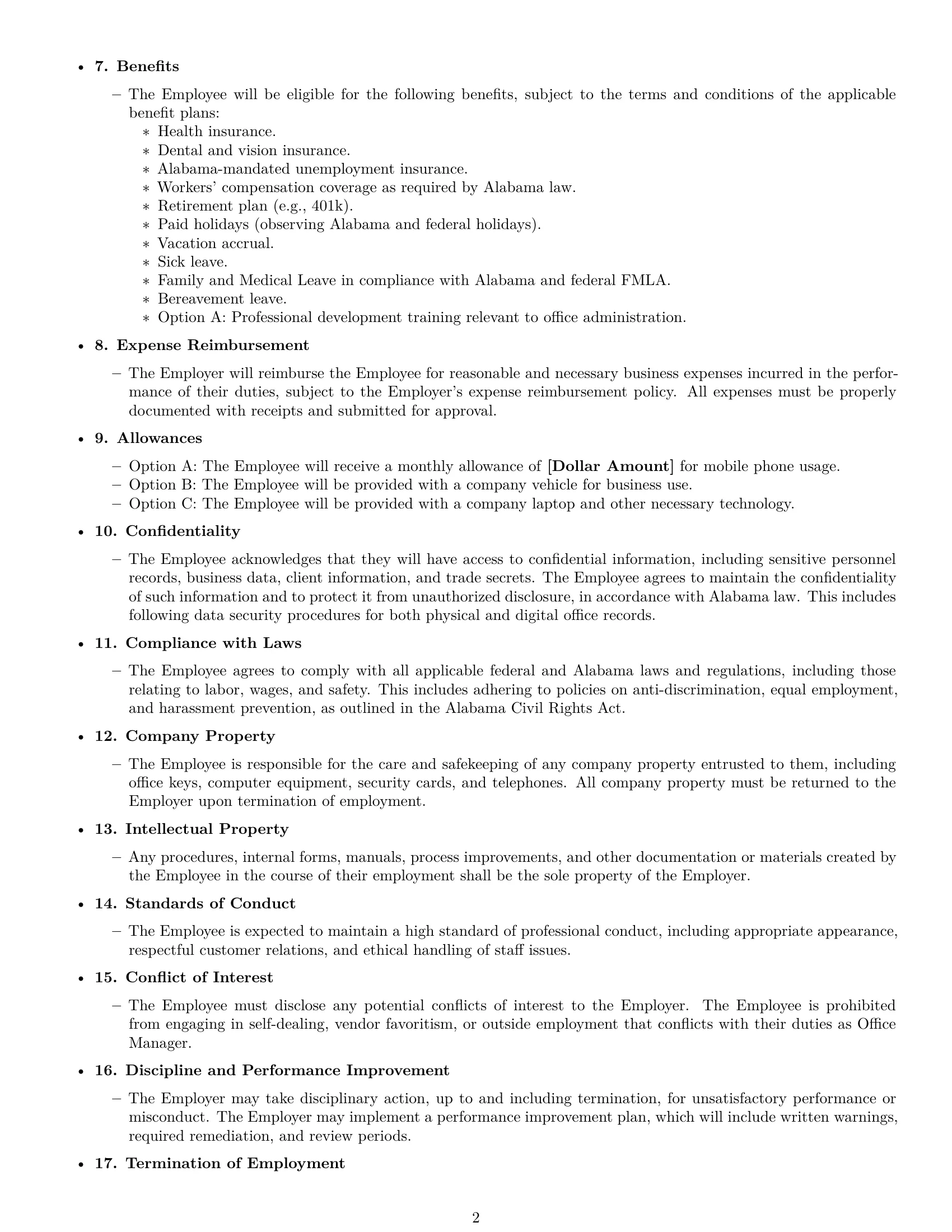Preview page 2 of Free Alabama office manager employment contract template