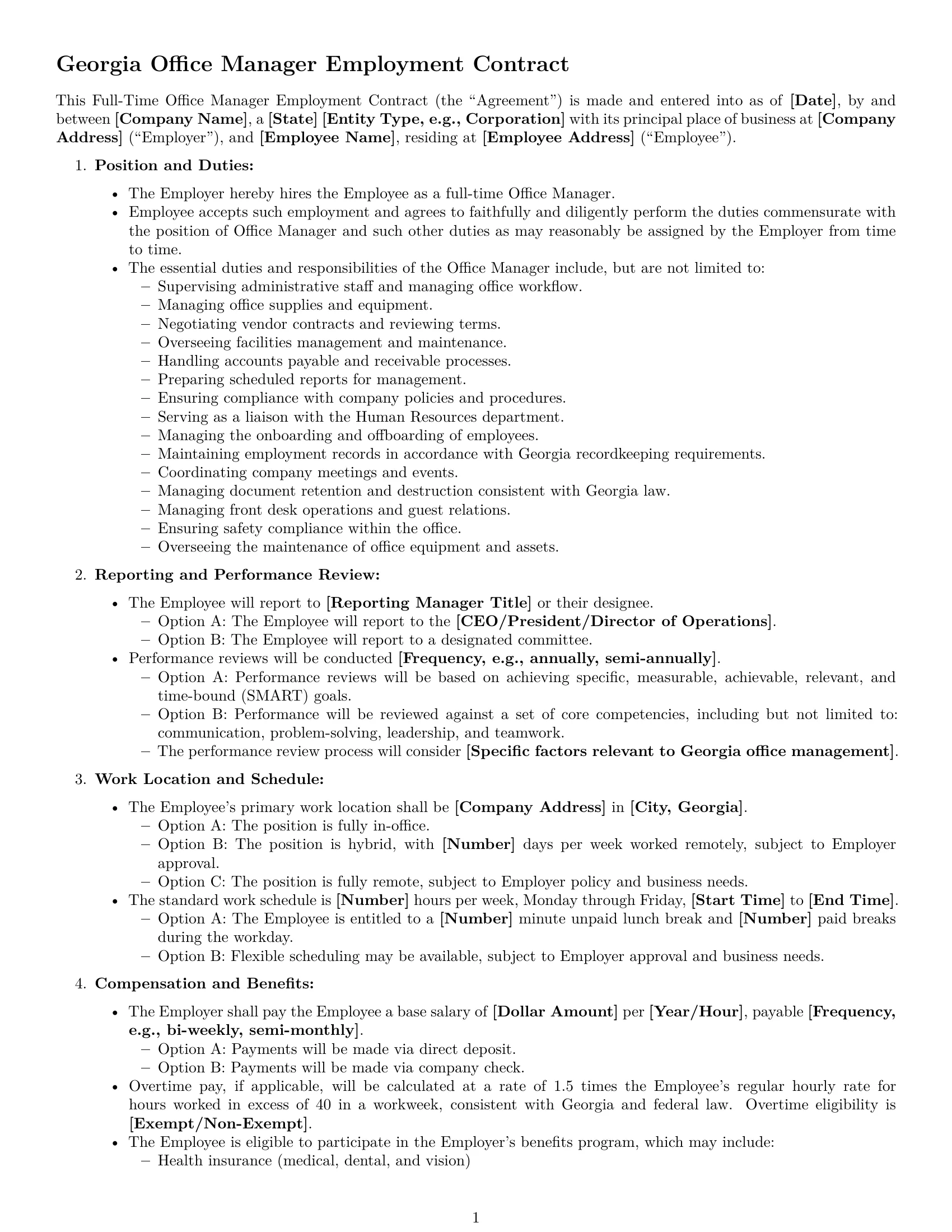 Preview page 1 of Free Georgia office manager employment contract template