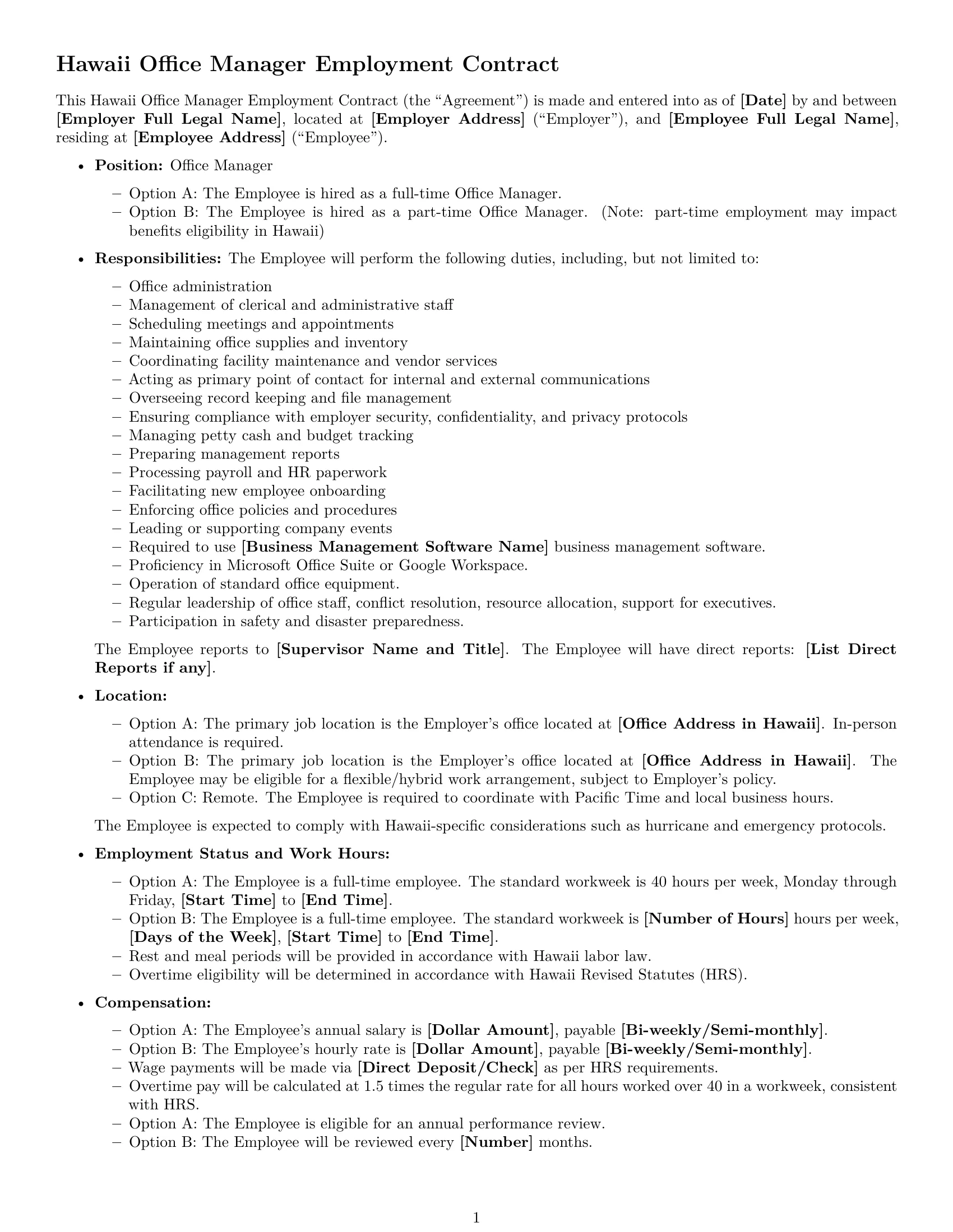 Preview page 1 of Free Hawaii office manager employment contract template