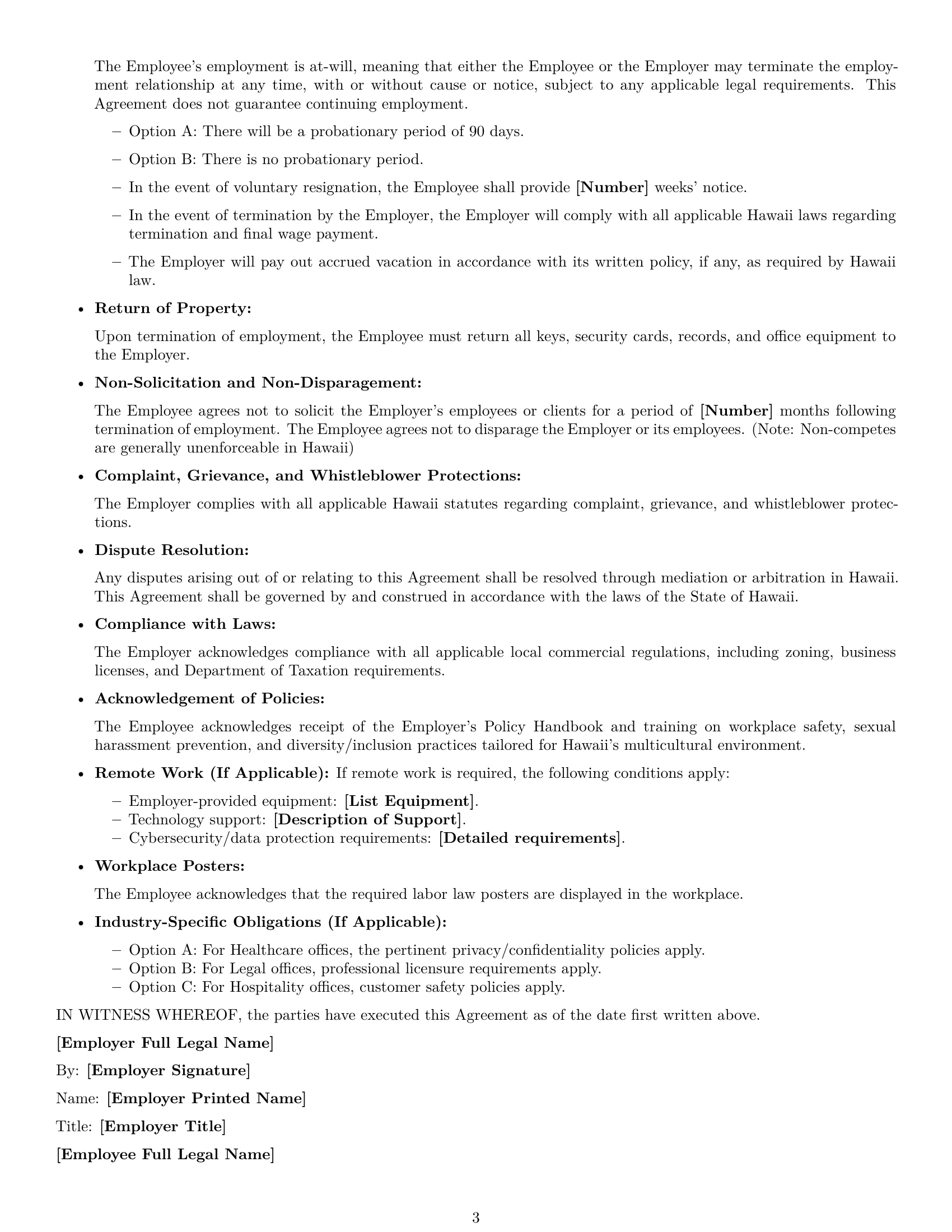 Preview page 3 of Free Hawaii office manager employment contract template