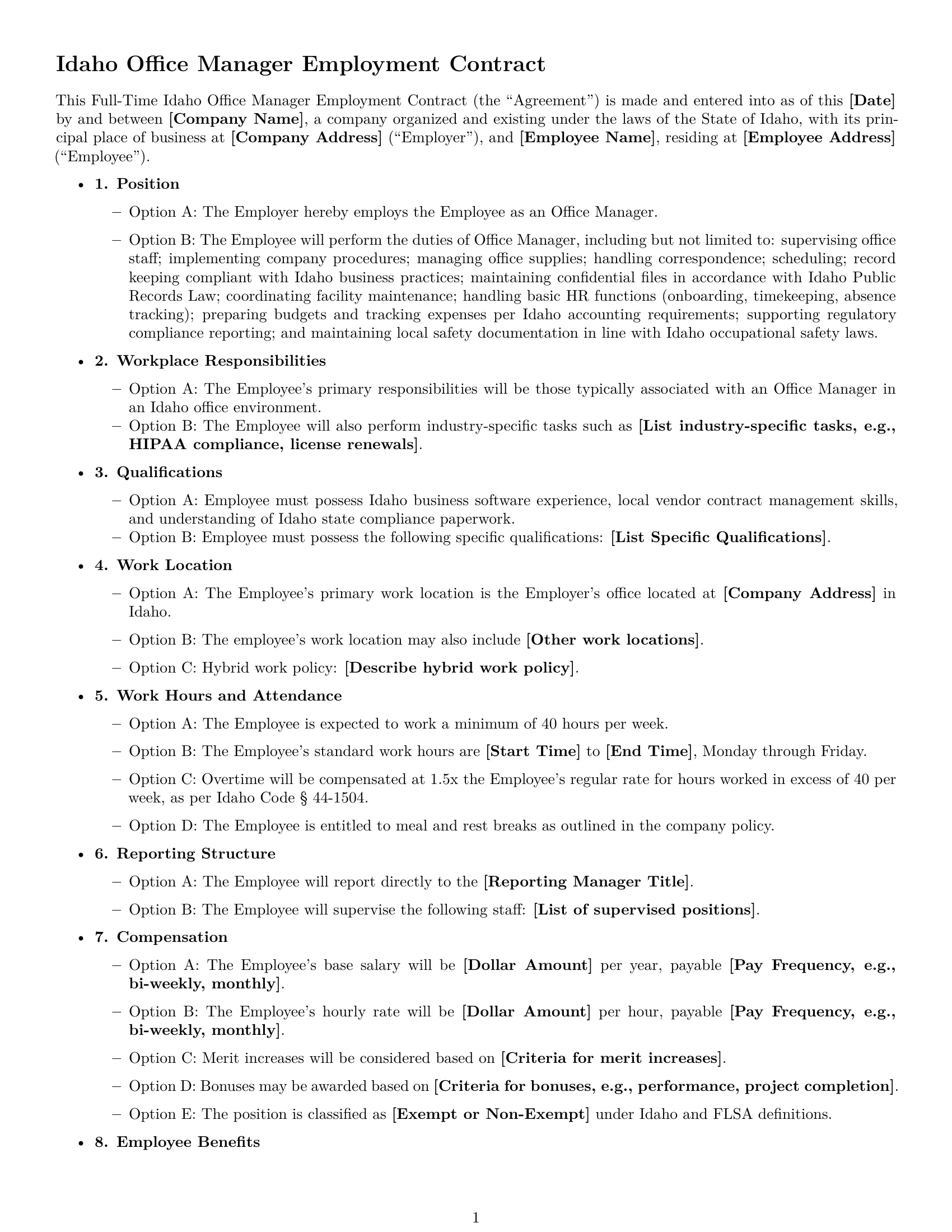 Preview page 1 of Free Idaho office manager employment contract template