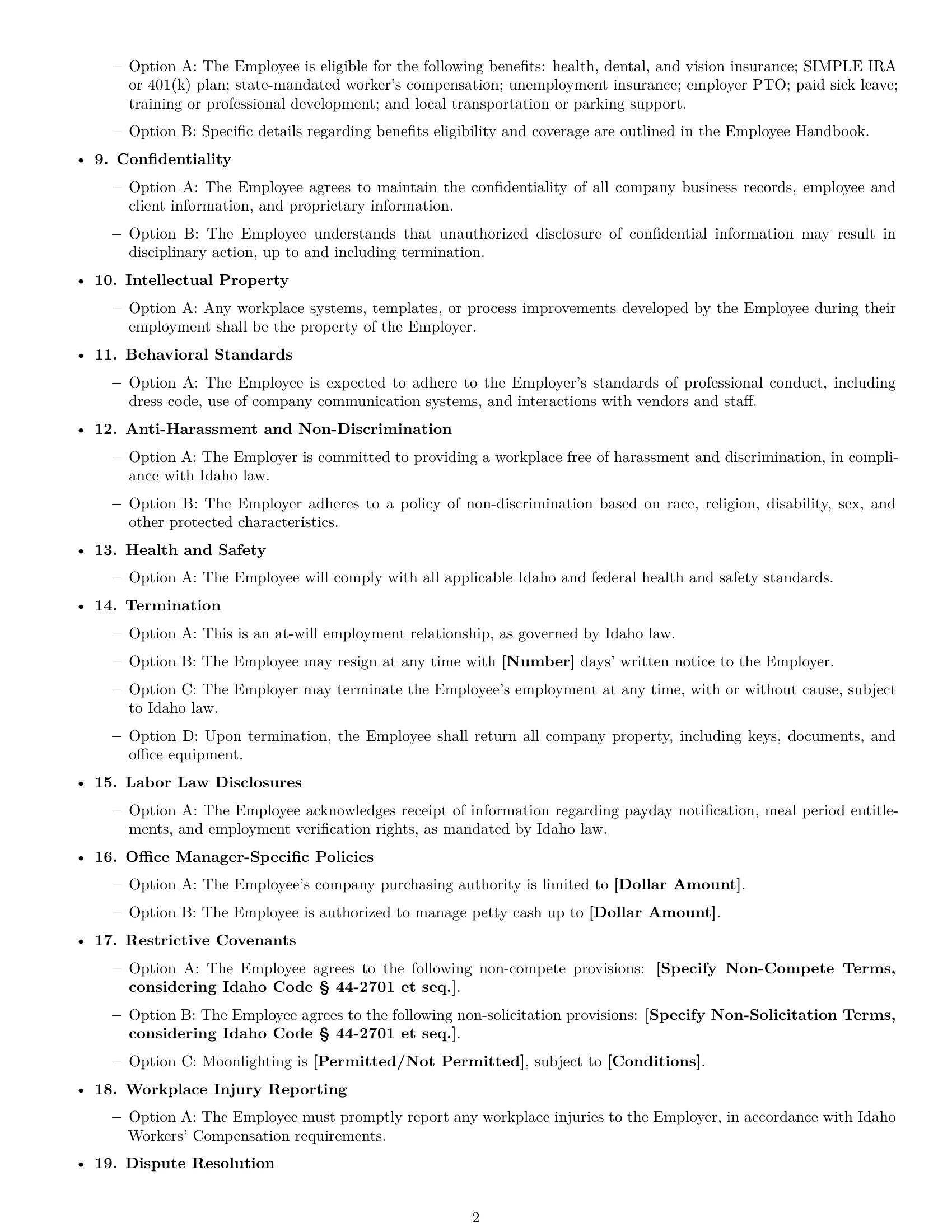 Preview page 2 of Free Idaho office manager employment contract template