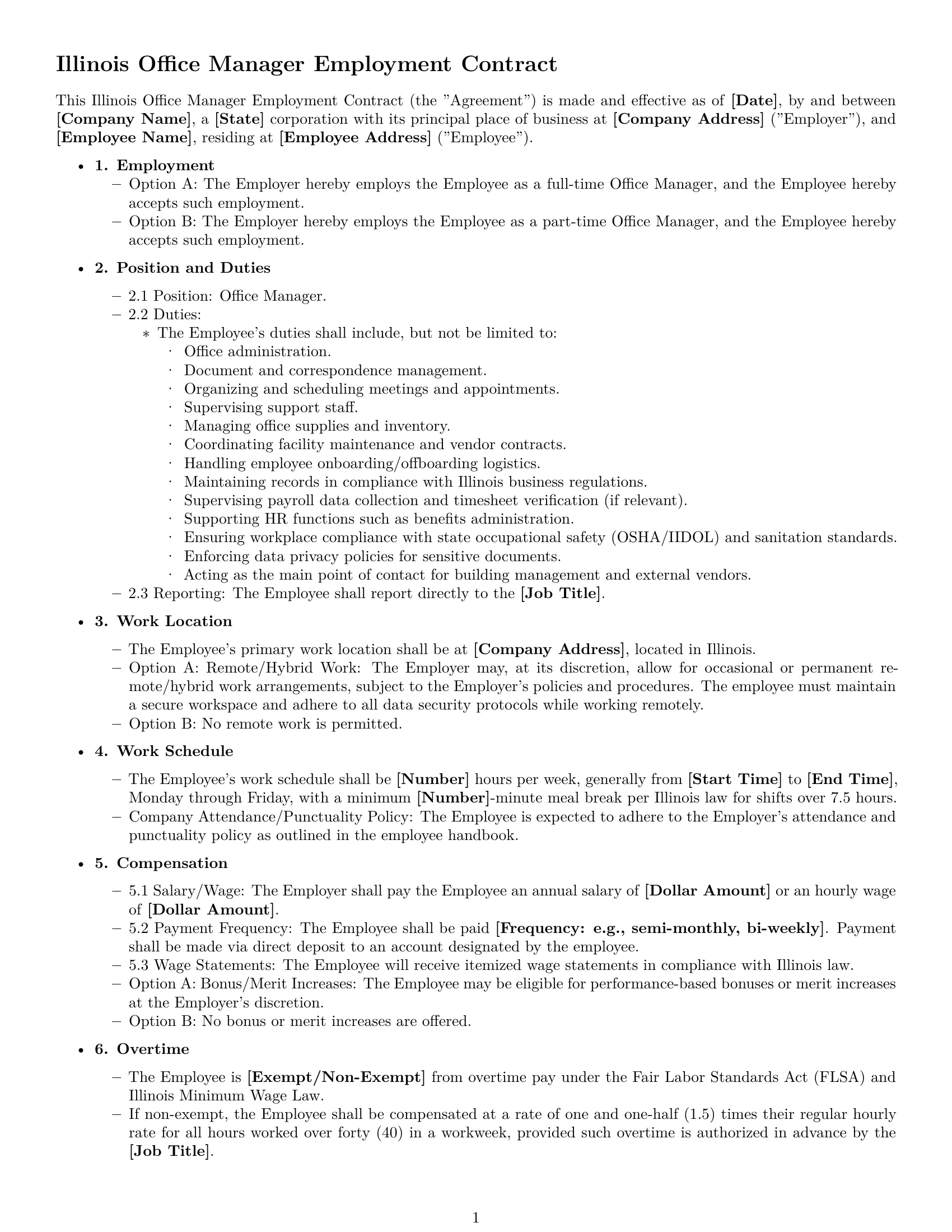 Preview page 1 of Free Illinois office manager employment contract template