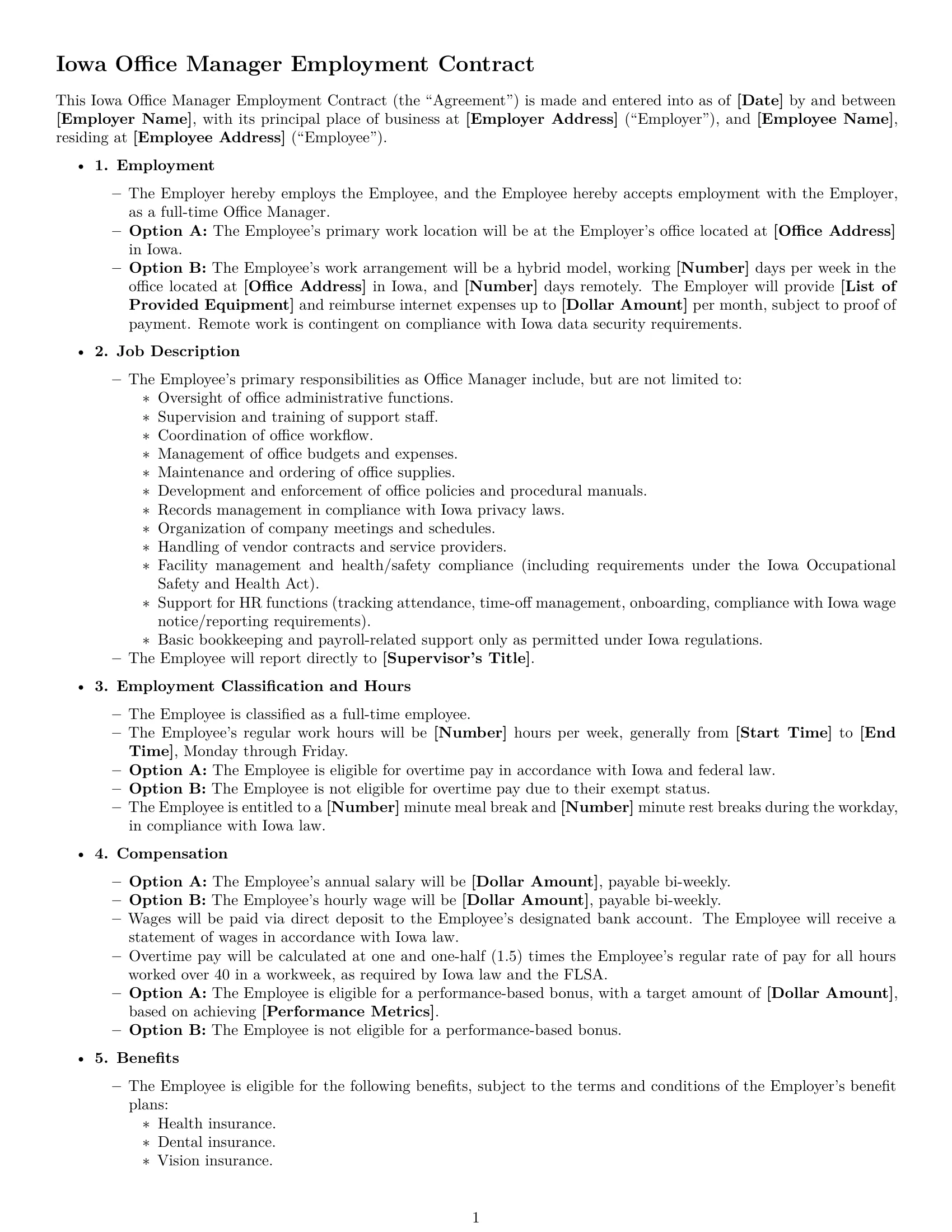 Preview page 1 of Free Iowa office manager employment contract template