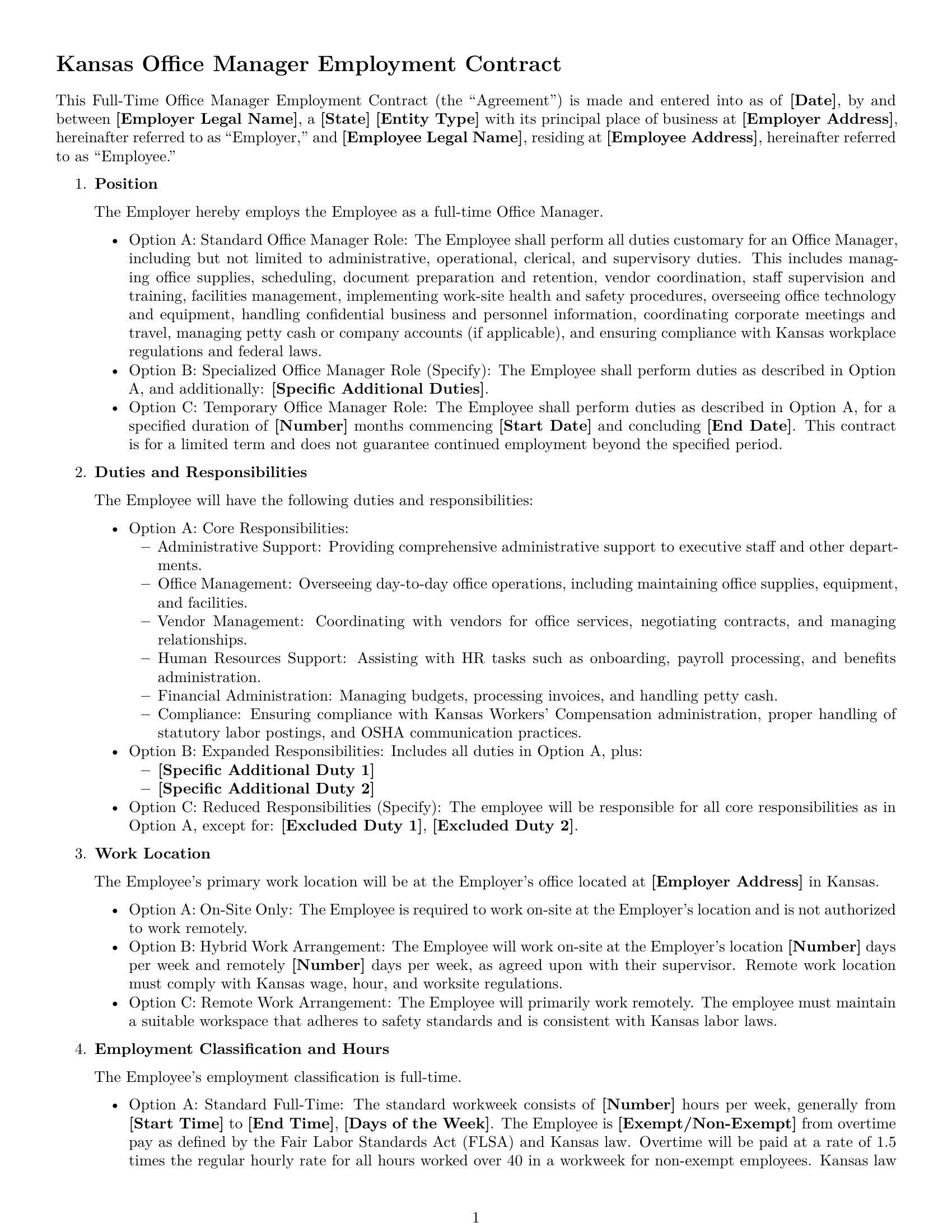 Preview page 1 of Free Kansas office manager employment contract template