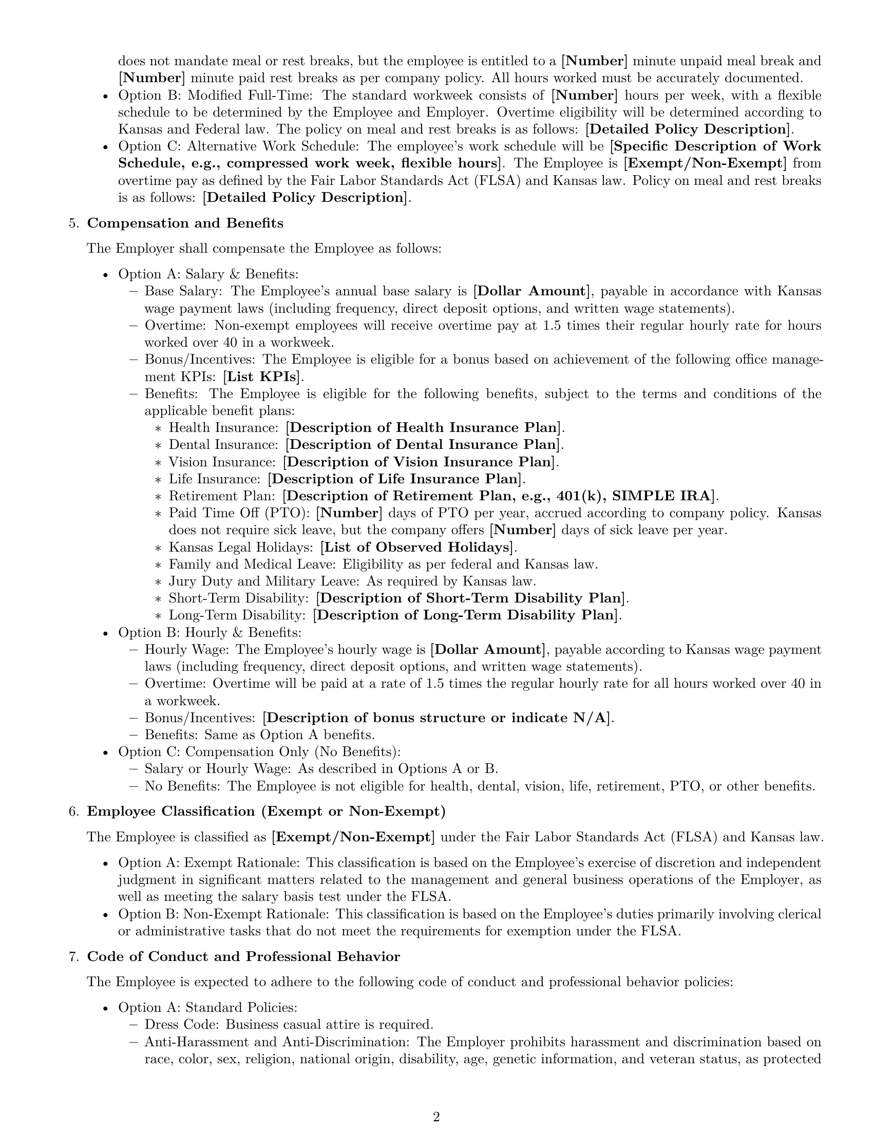 Preview page 2 of Free Kansas office manager employment contract template