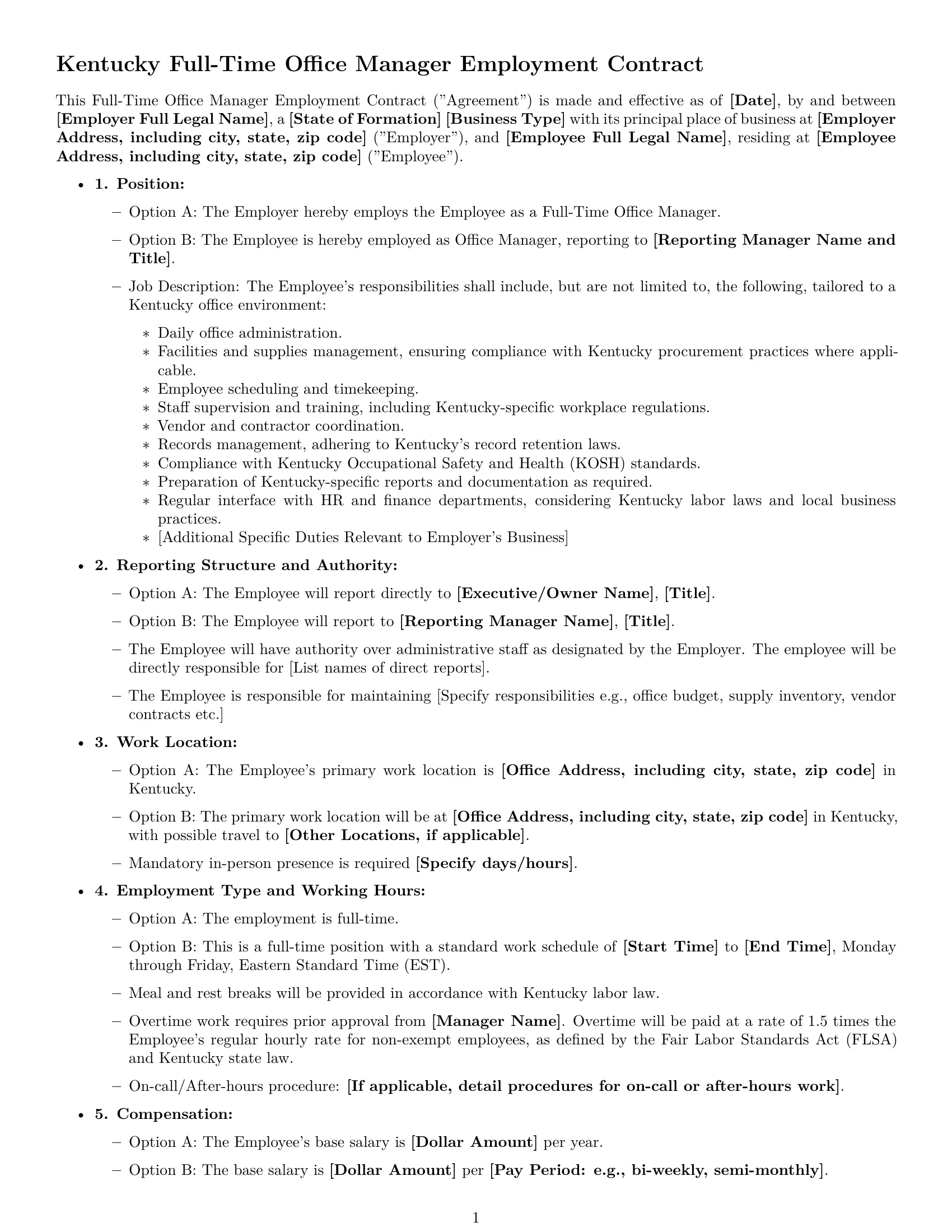 Preview page 1 of Free Kentucky office manager employment contract template