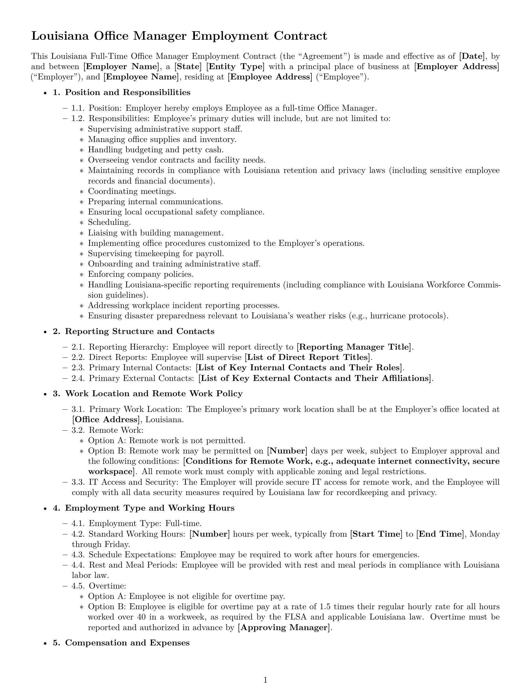 Preview page 1 of Free Louisiana office manager employment contract template