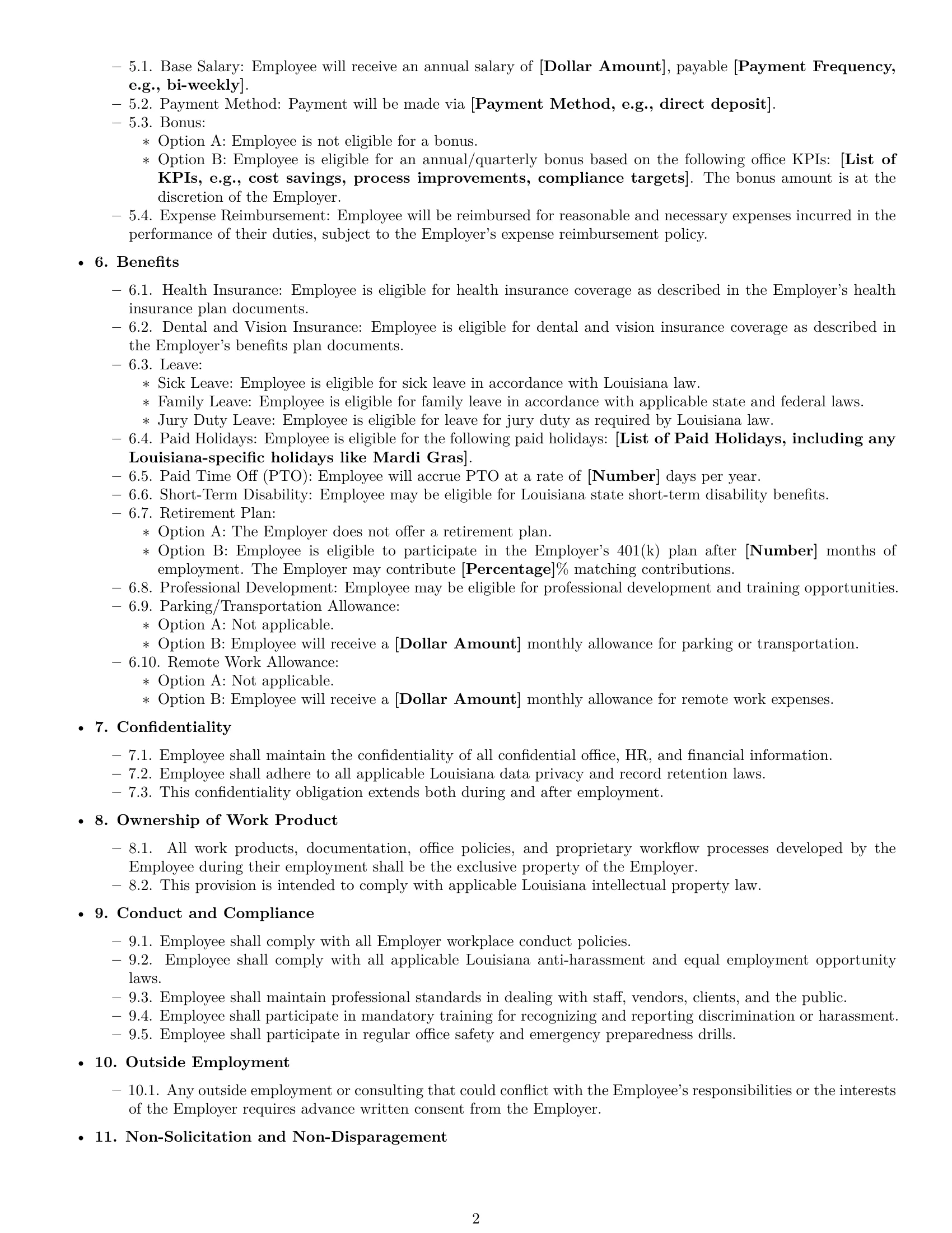 Preview page 2 of Free Louisiana office manager employment contract template
