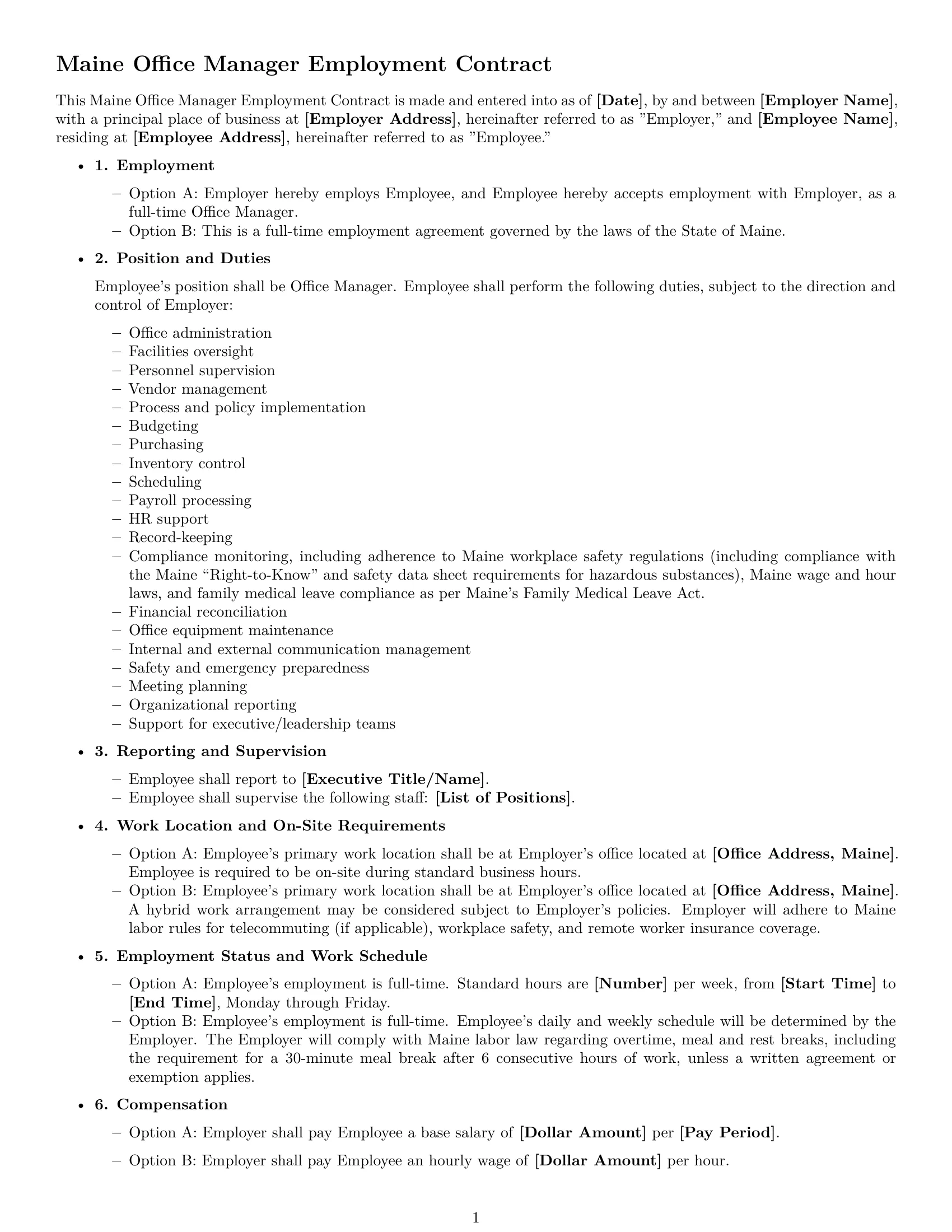 Preview page 1 of Free Maine office manager employment contract template