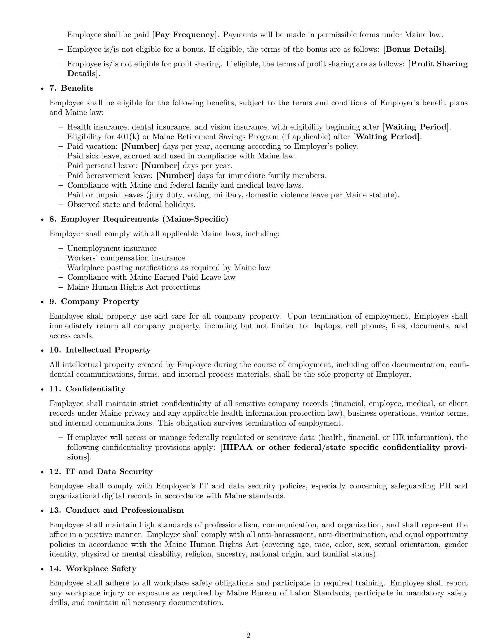 Preview page 2 of Free Maine office manager employment contract template