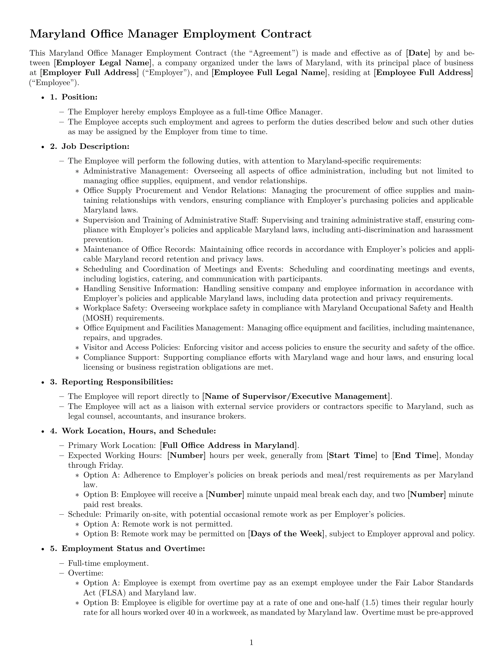 Preview page 1 of Free Maryland office manager employment contract template