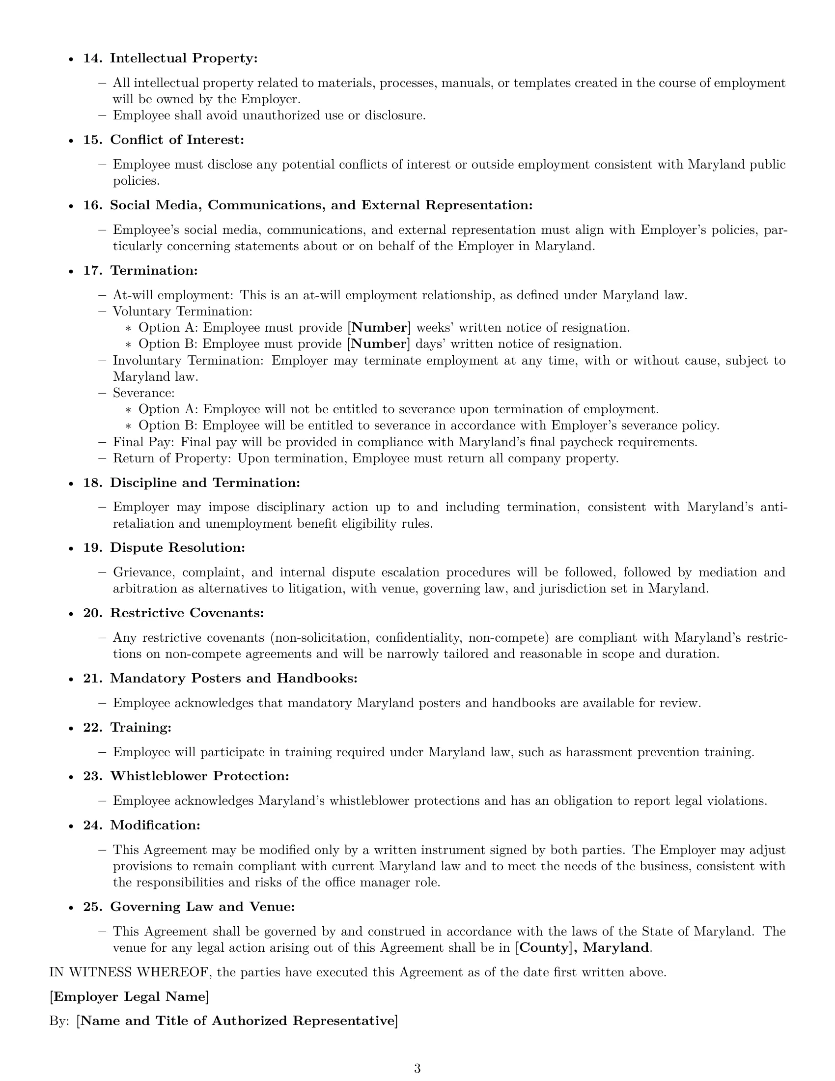 Preview page 3 of Free Maryland office manager employment contract template