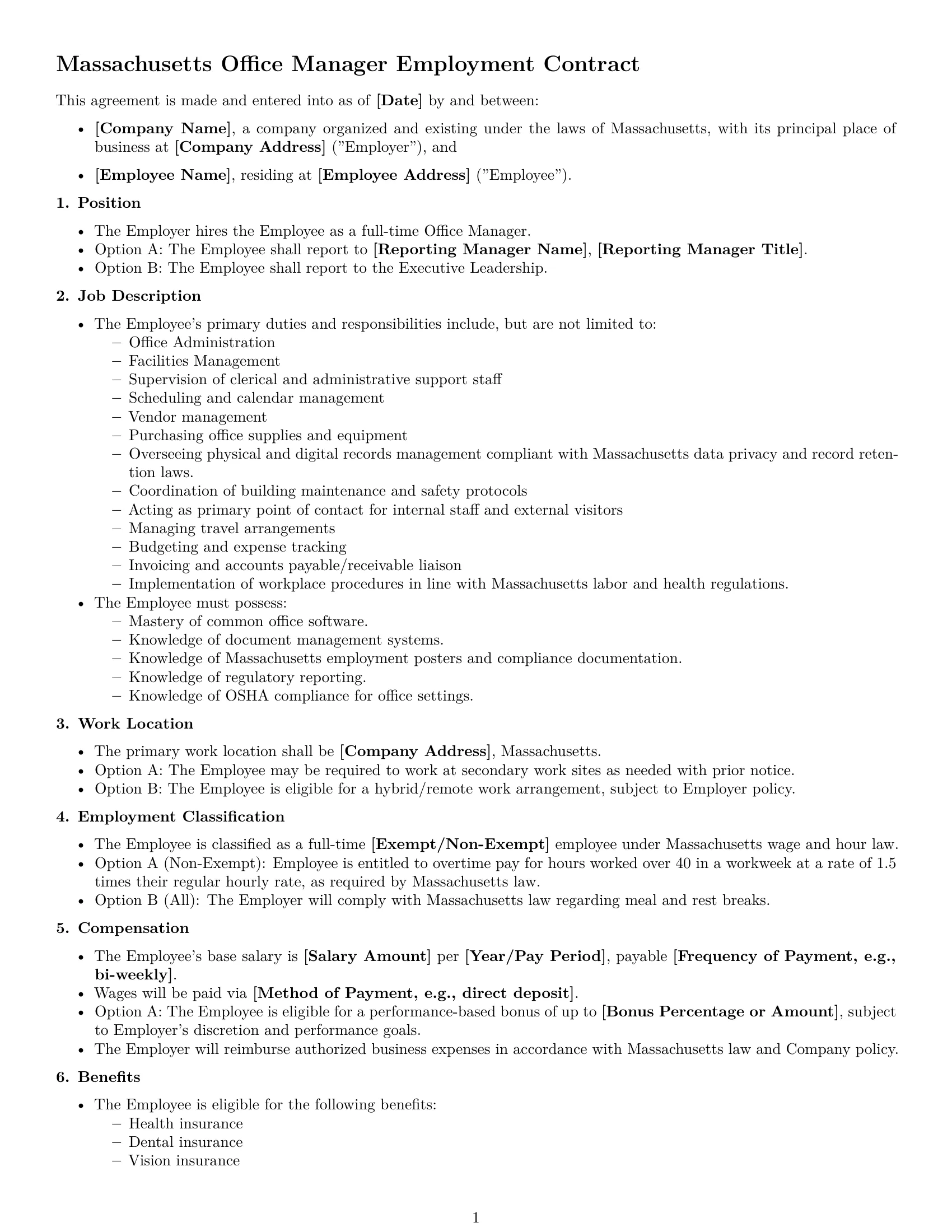 Preview page 1 of Free Massachusetts office manager employment contract template