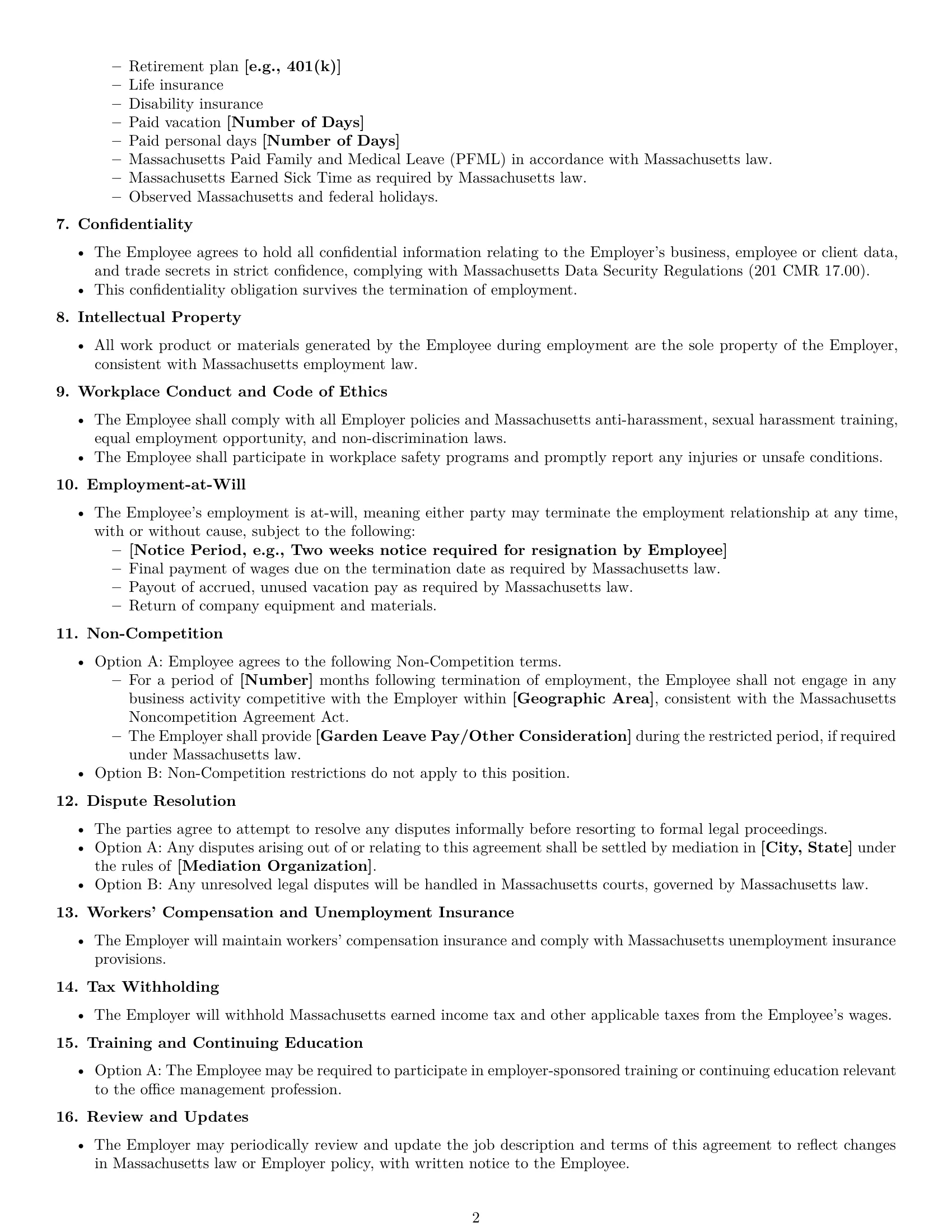 Preview page 2 of Free Massachusetts office manager employment contract template