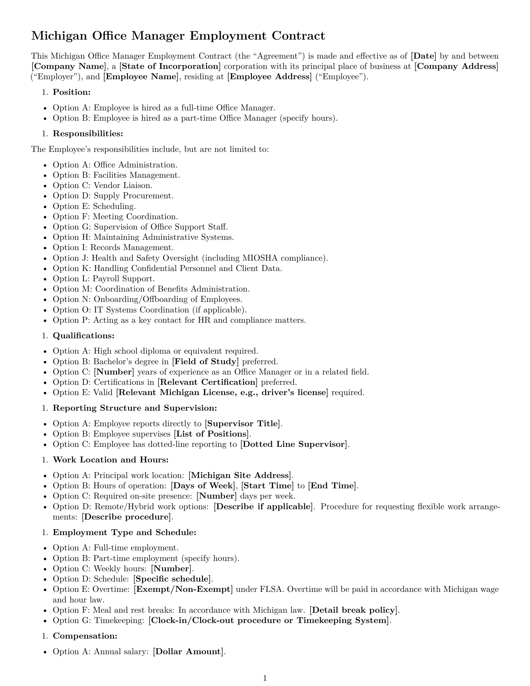 Preview page 1 of Free Michigan office manager employment contract template