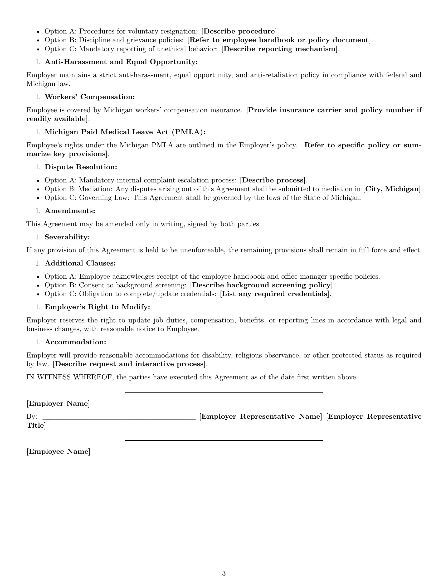 Preview page 3 of Free Michigan office manager employment contract template