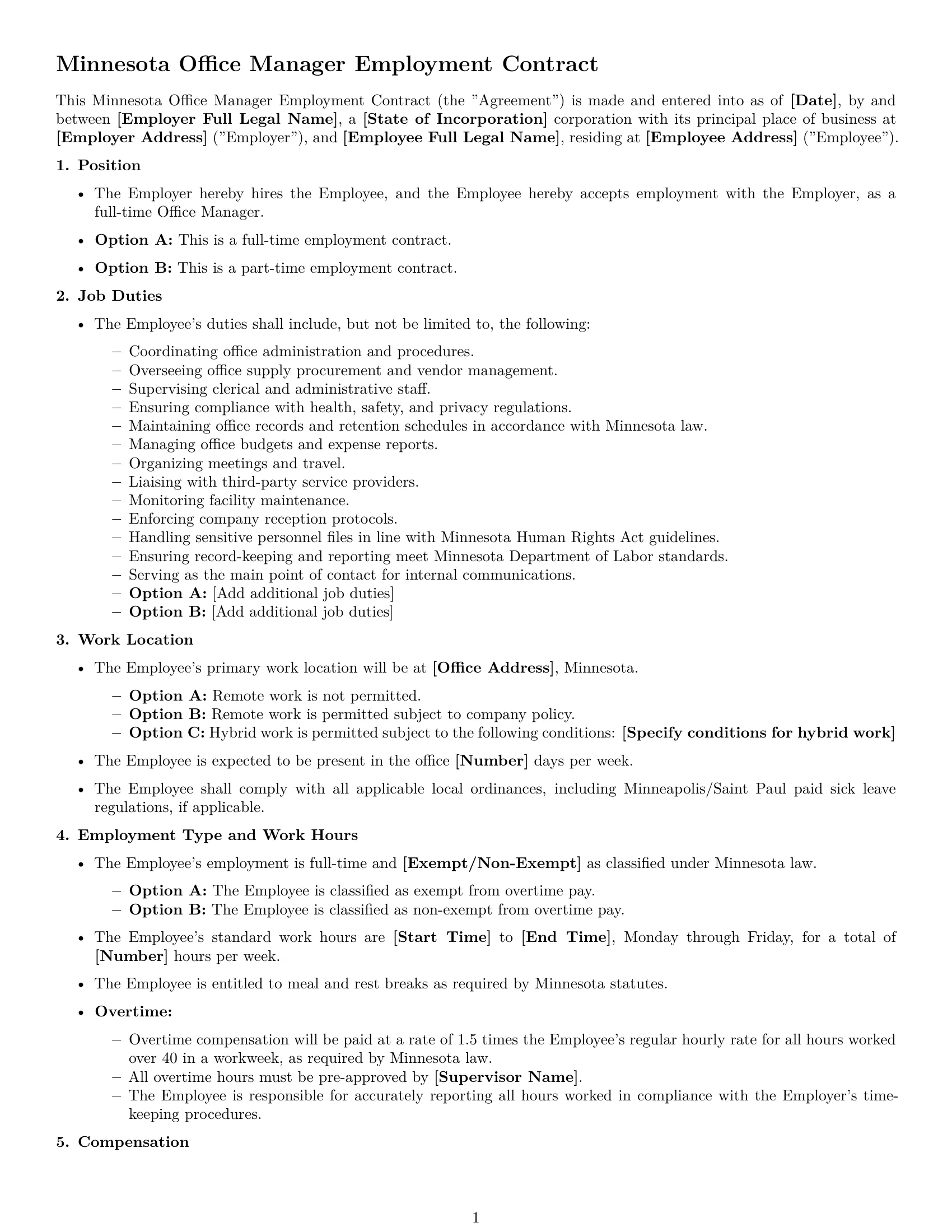Preview page 1 of Free Minnesota office manager employment contract template