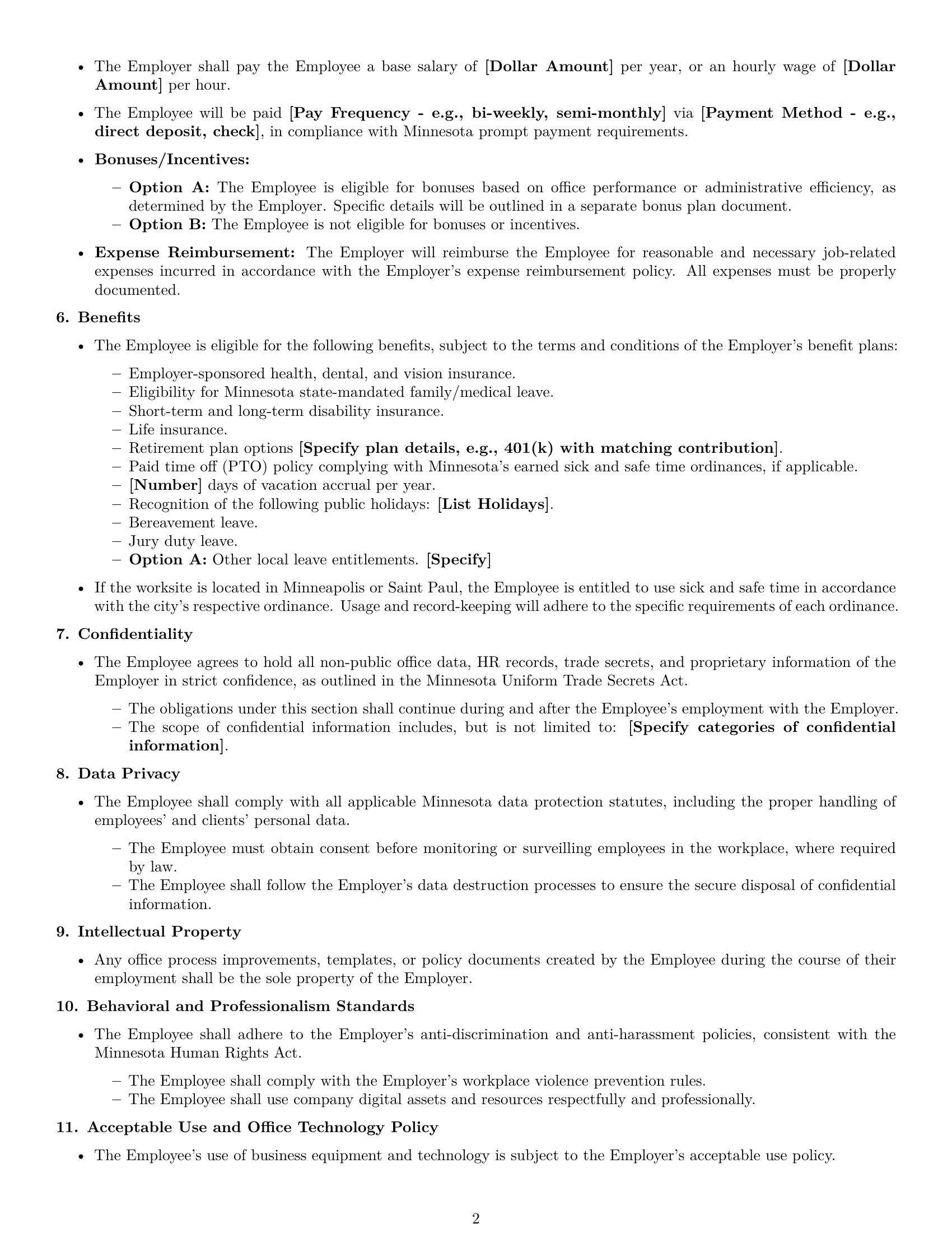 Preview page 2 of Free Minnesota office manager employment contract template