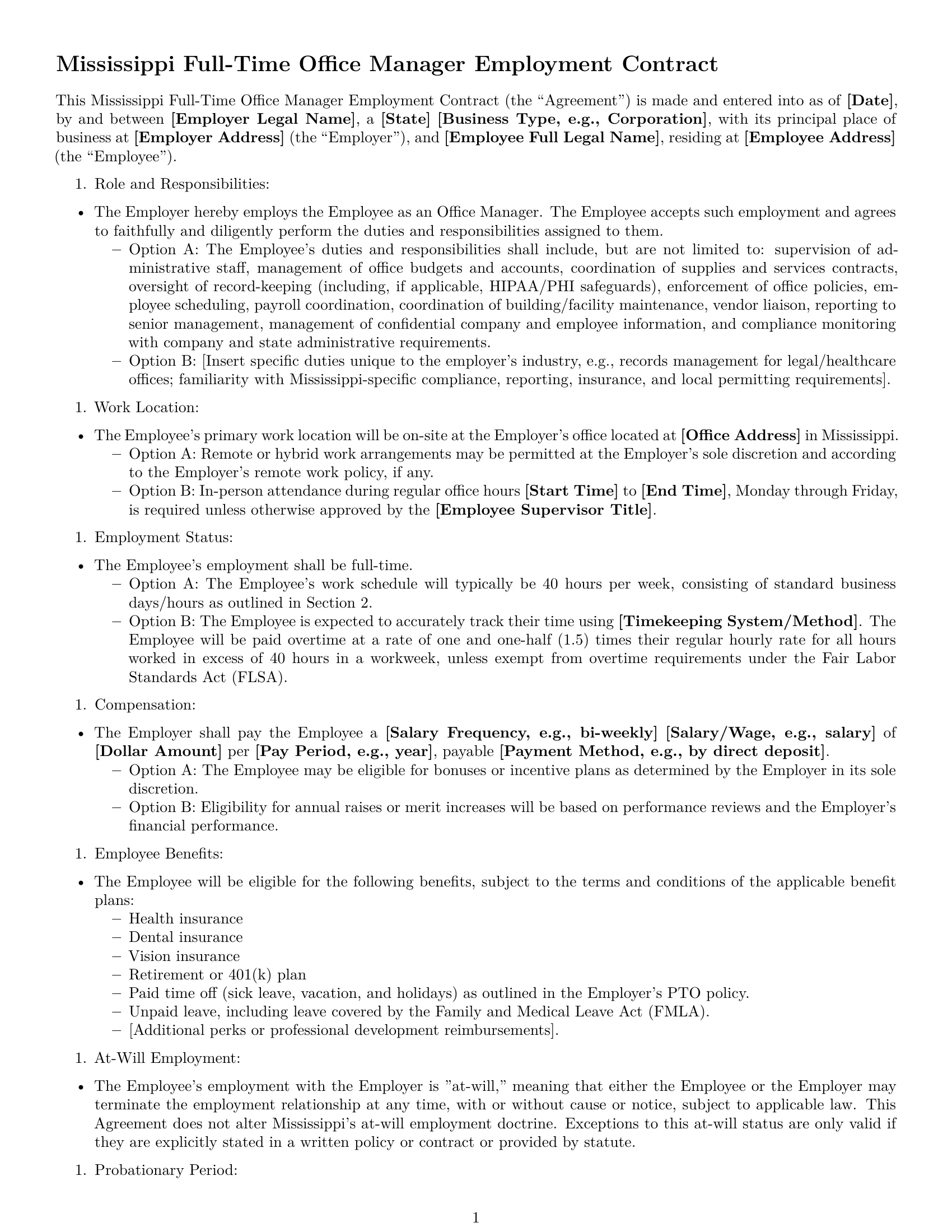Preview page 1 of Free Mississippi office manager employment contract template