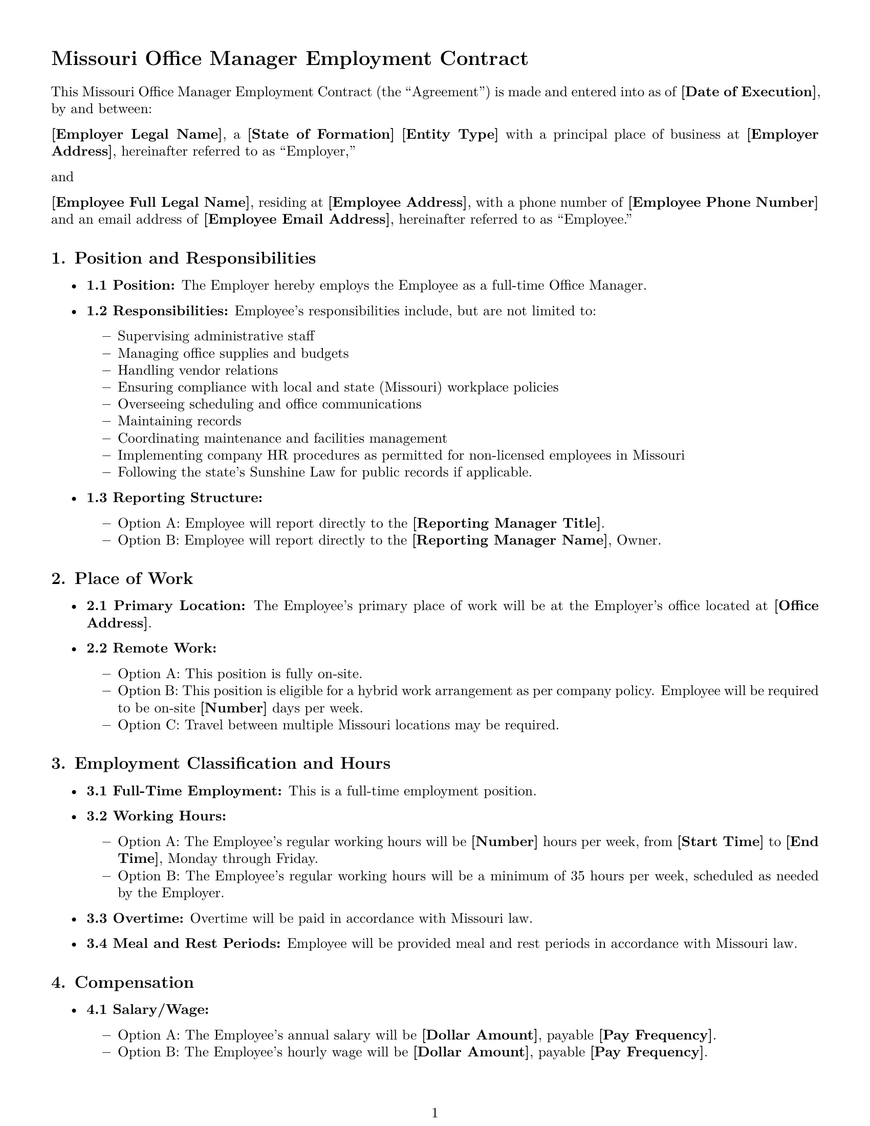 Preview page 1 of Free Missouri office manager employment contract template