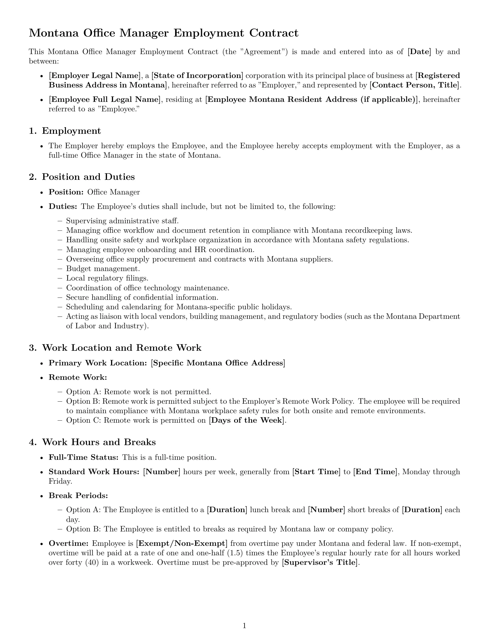 Preview page 1 of Free Montana office manager employment contract template