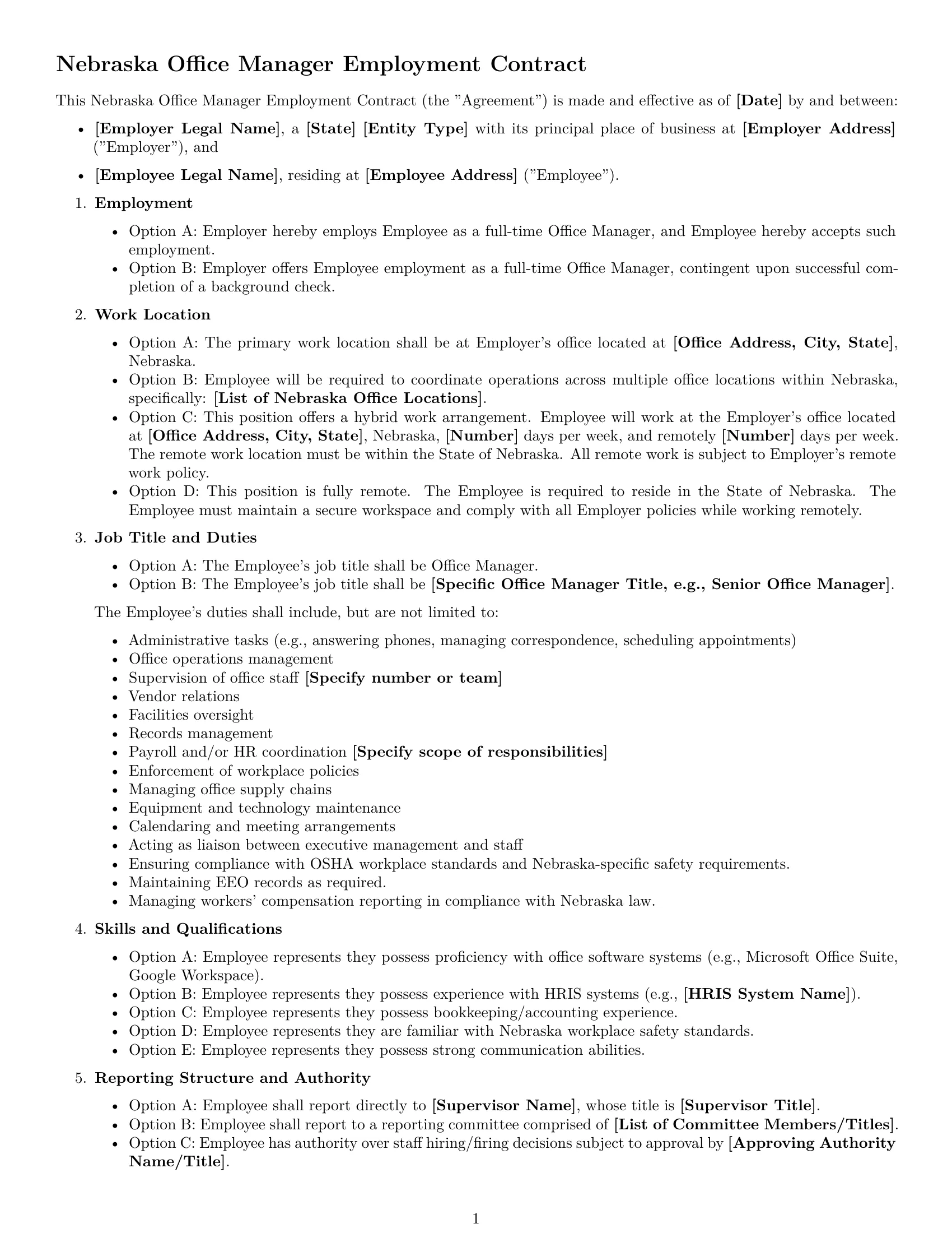 Preview page 1 of Free Nebraska office manager employment contract template