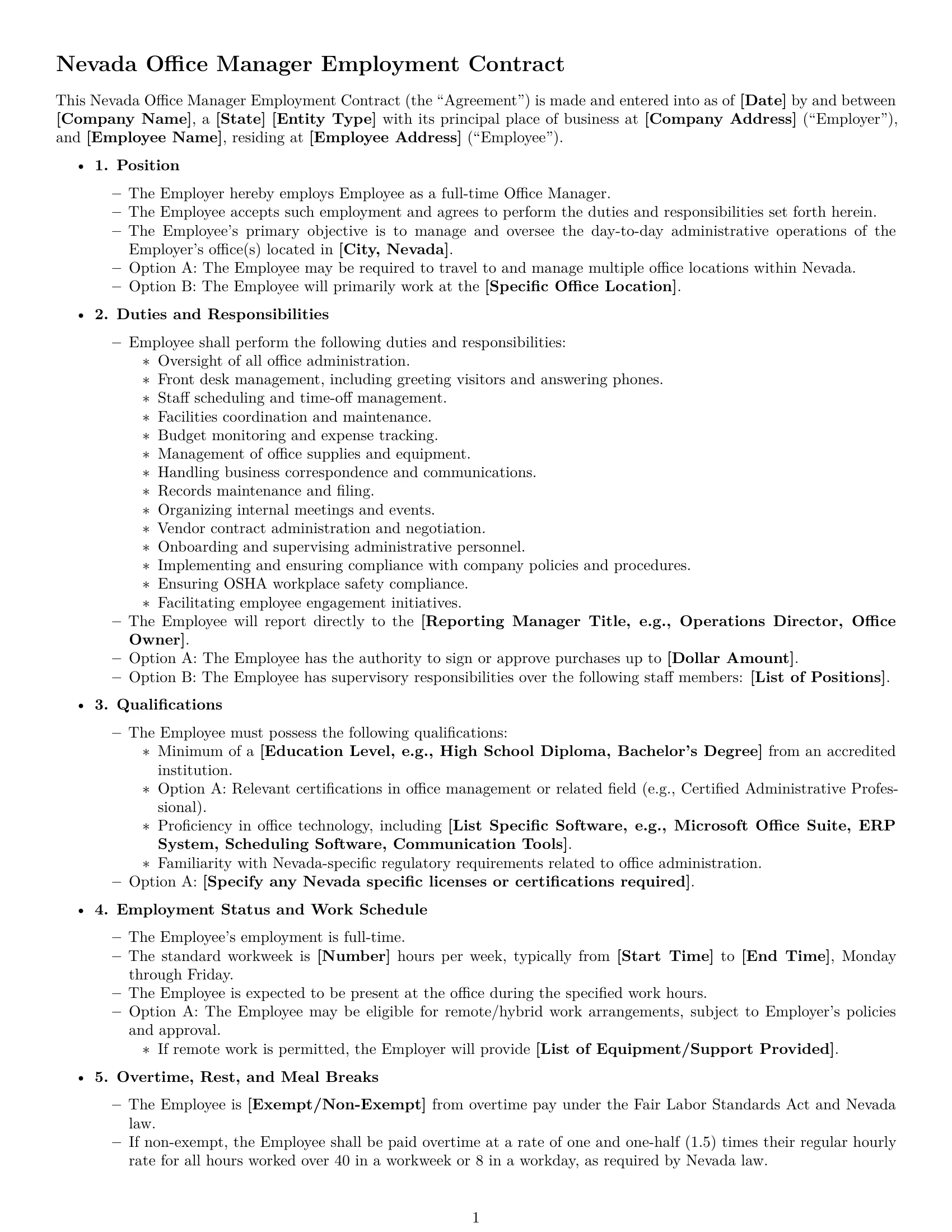 Preview page 1 of Free Nevada office manager employment contract template