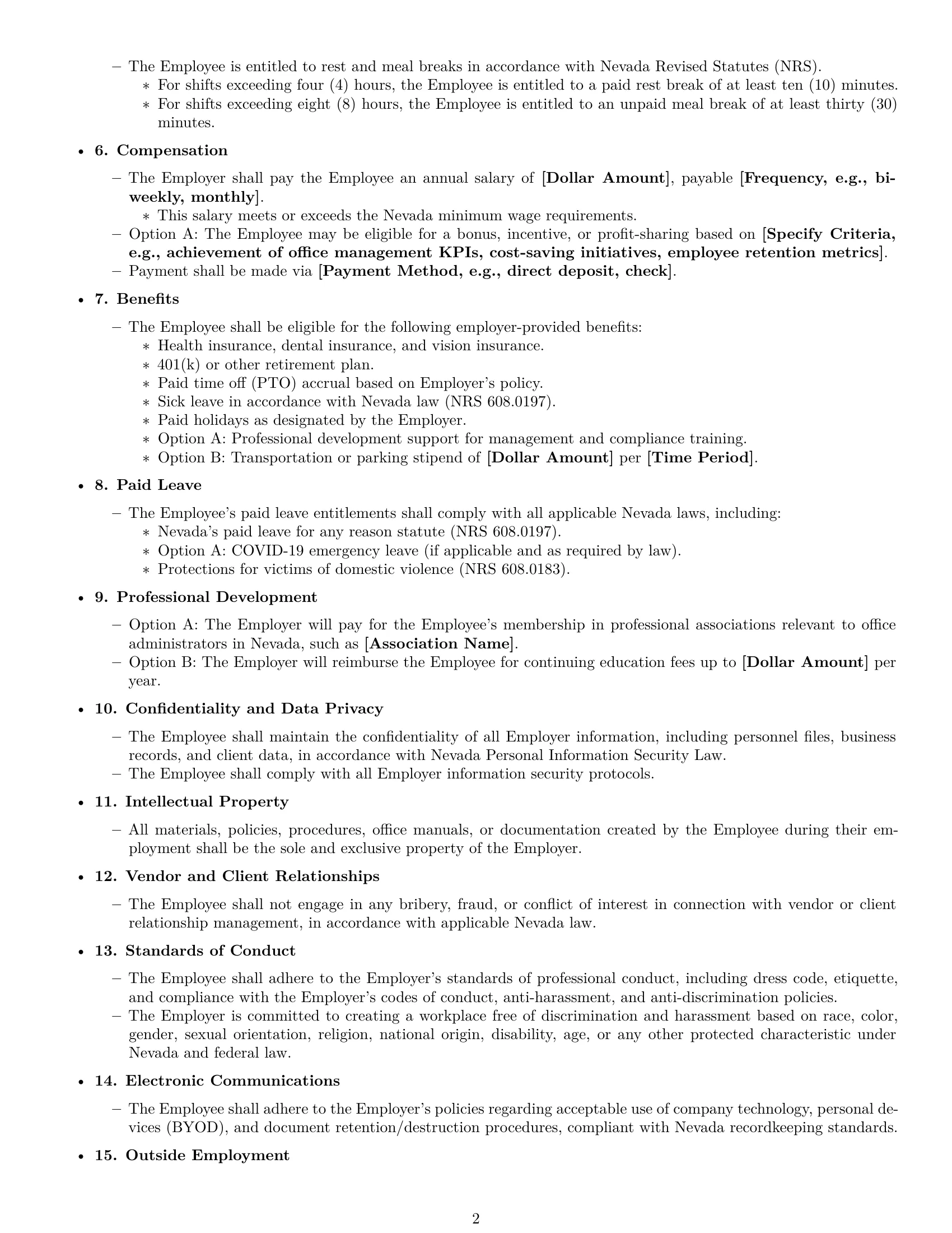 Preview page 2 of Free Nevada office manager employment contract template