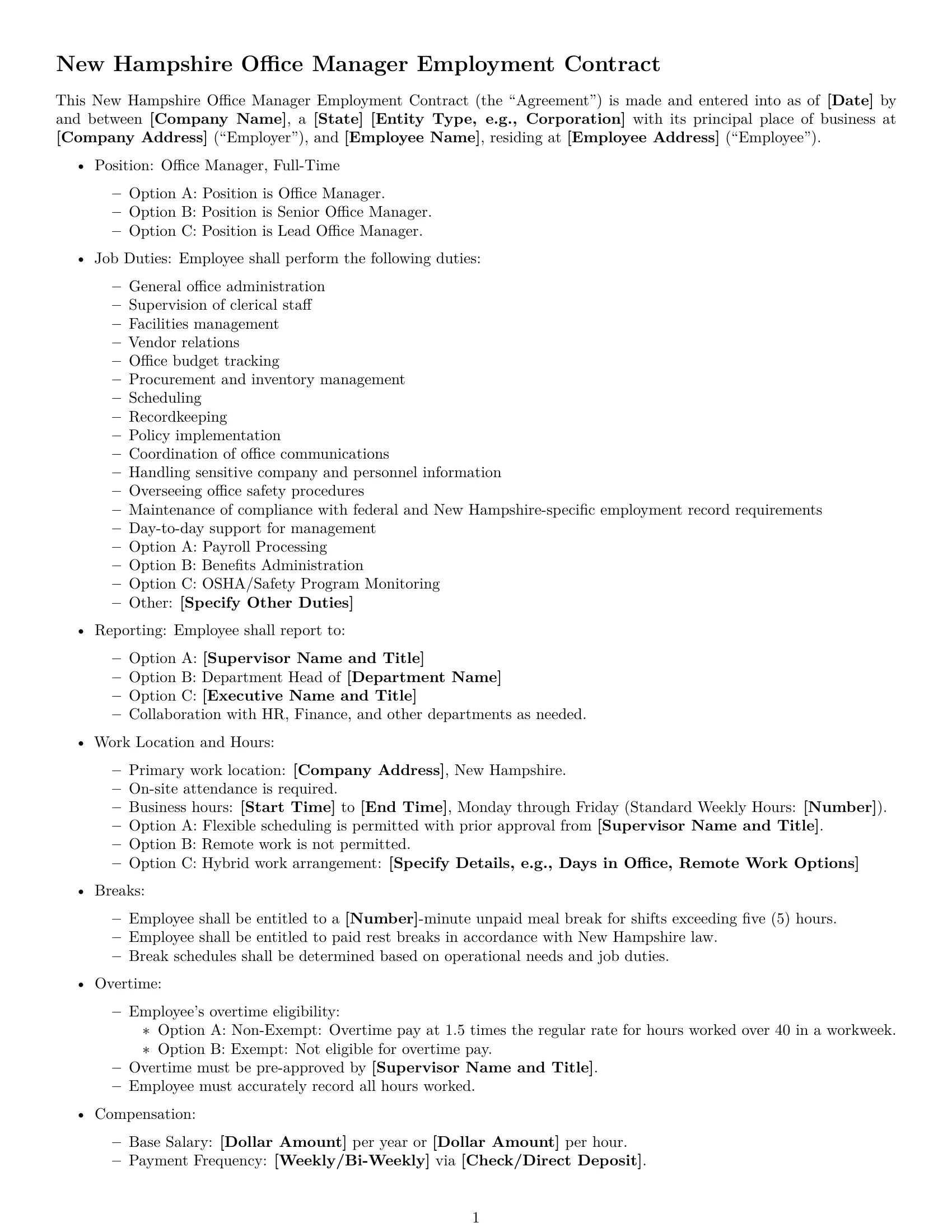 Preview page 1 of Free New Hampshire office manager employment contract template