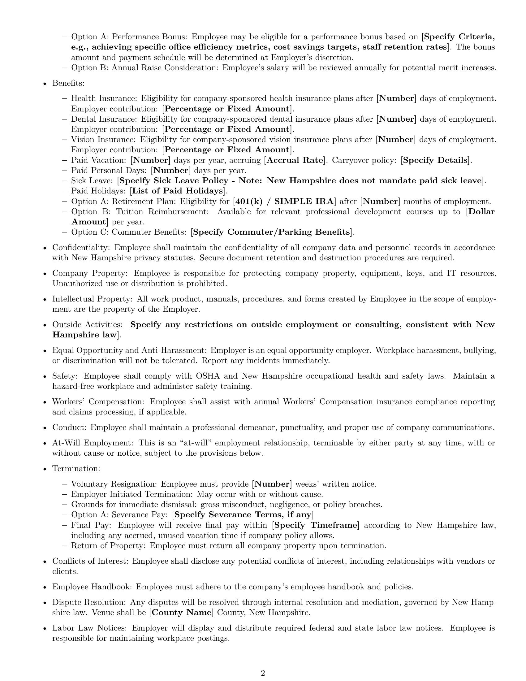 Preview page 2 of Free New Hampshire office manager employment contract template
