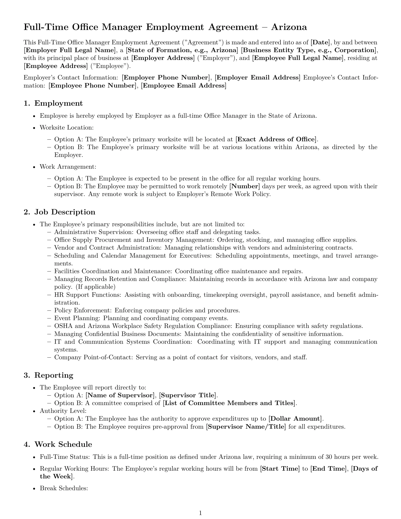 Preview page 1 of Free Arizona office manager employment contract template