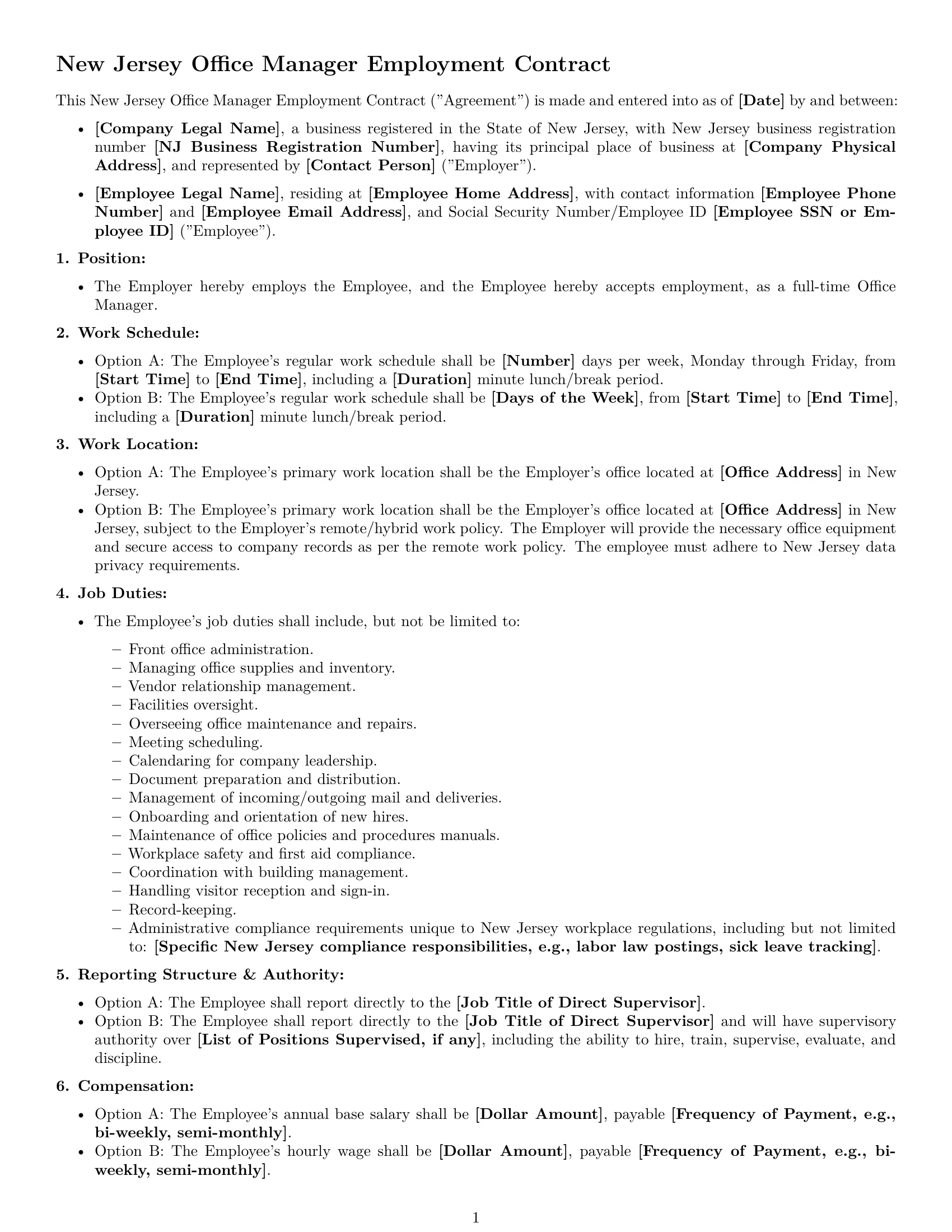 Preview page 1 of Free New Jersey office manager employment contract template