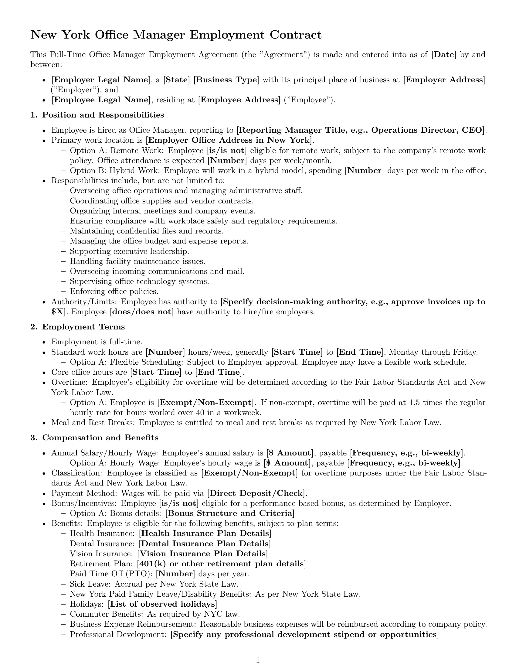 Preview page 1 of Free New York office manager employment contract template