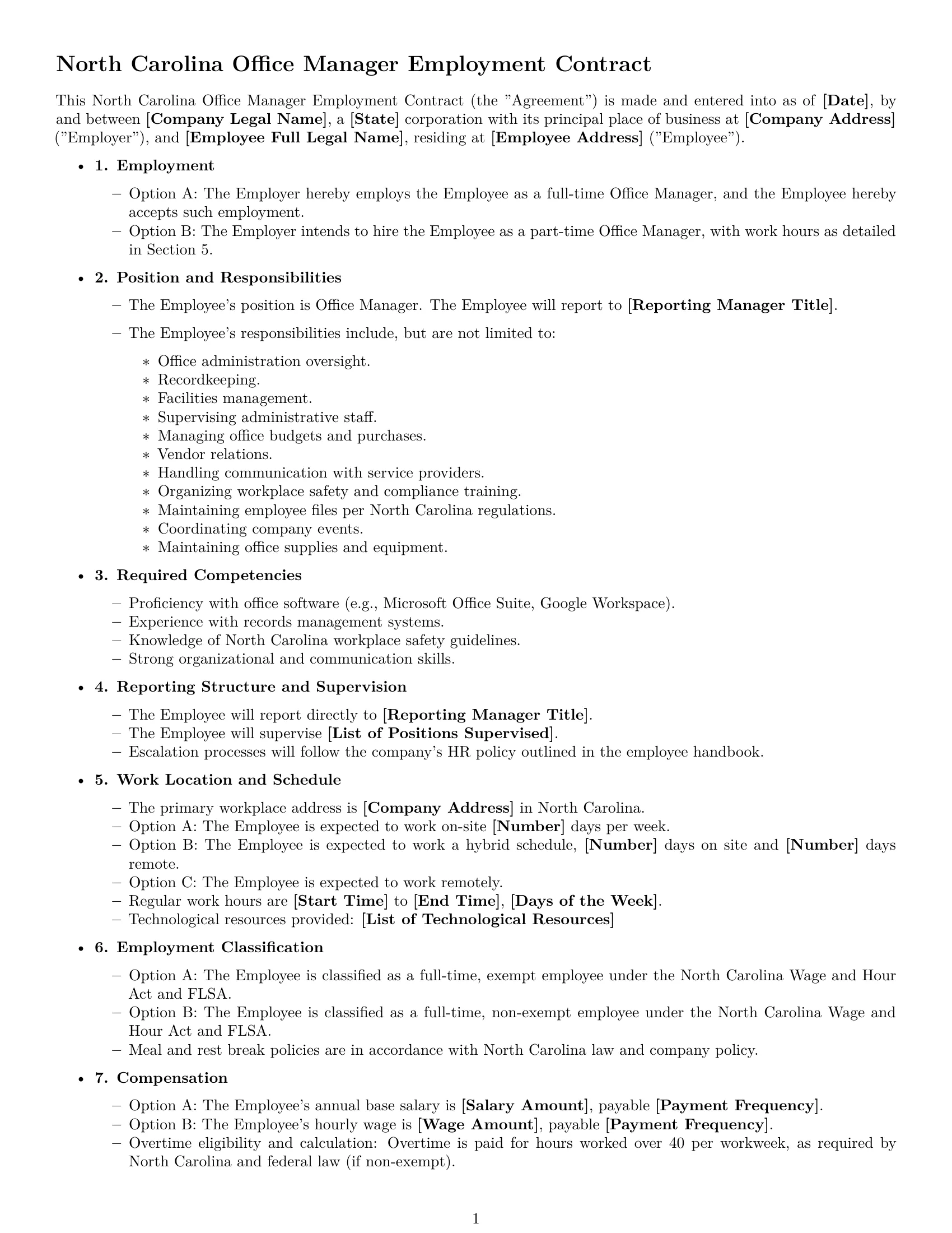 Preview page 1 of Free North Carolina office manager employment contract template