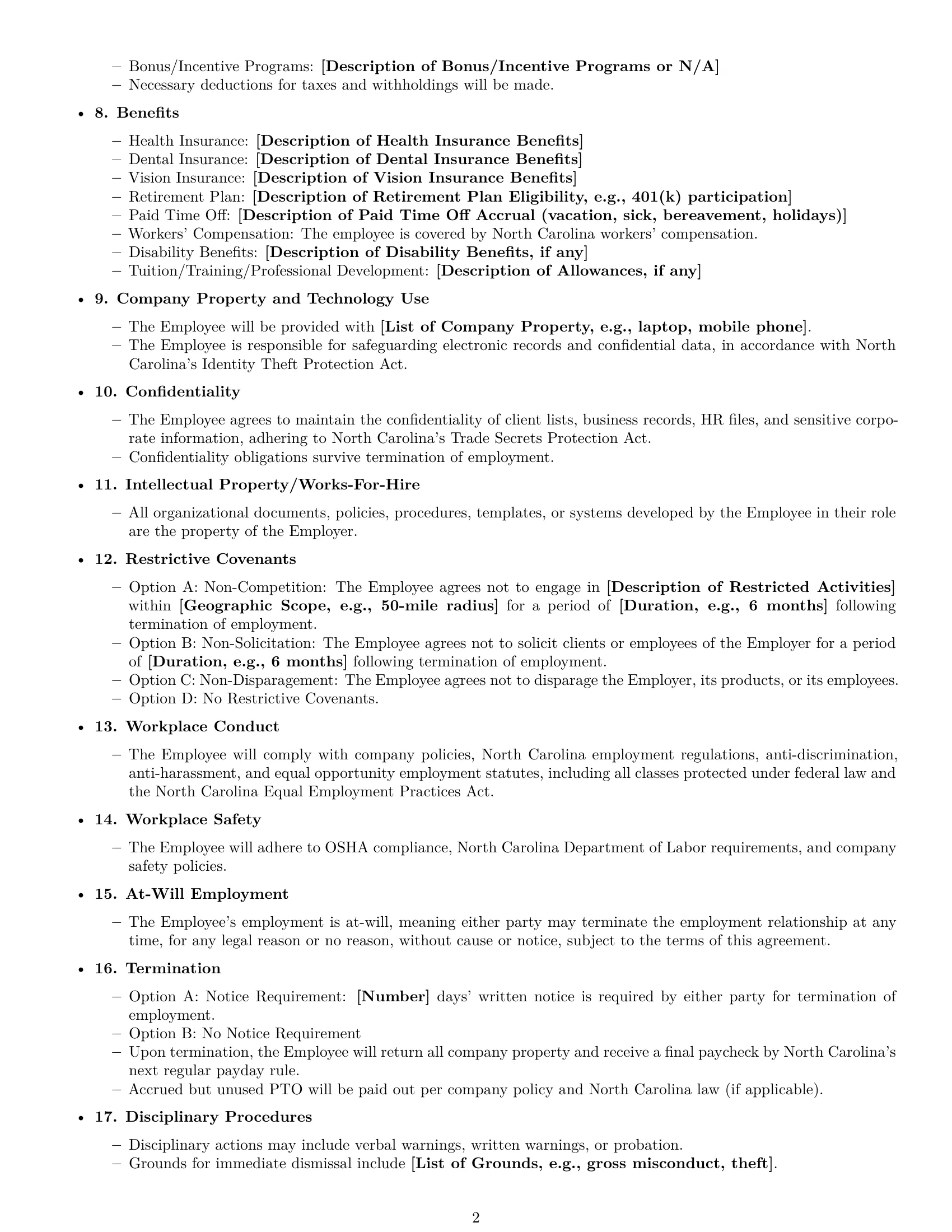Preview page 2 of Free North Carolina office manager employment contract template