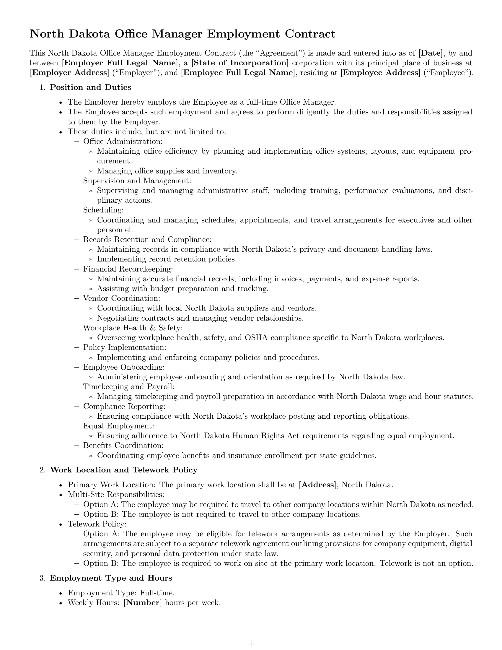 Preview page 1 of Free North Dakota office manager employment contract template