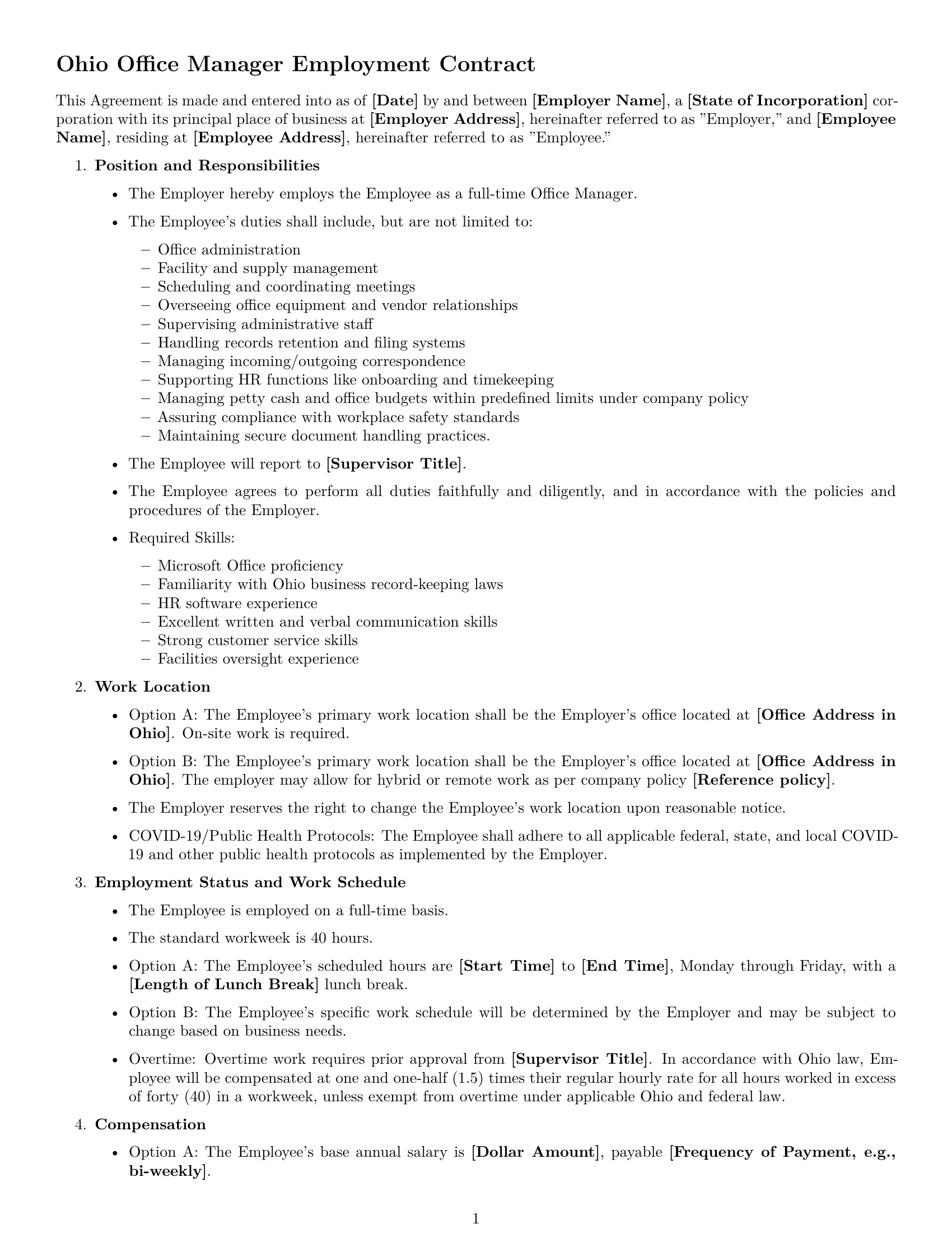 Preview page 1 of Free Ohio office manager employment contract template