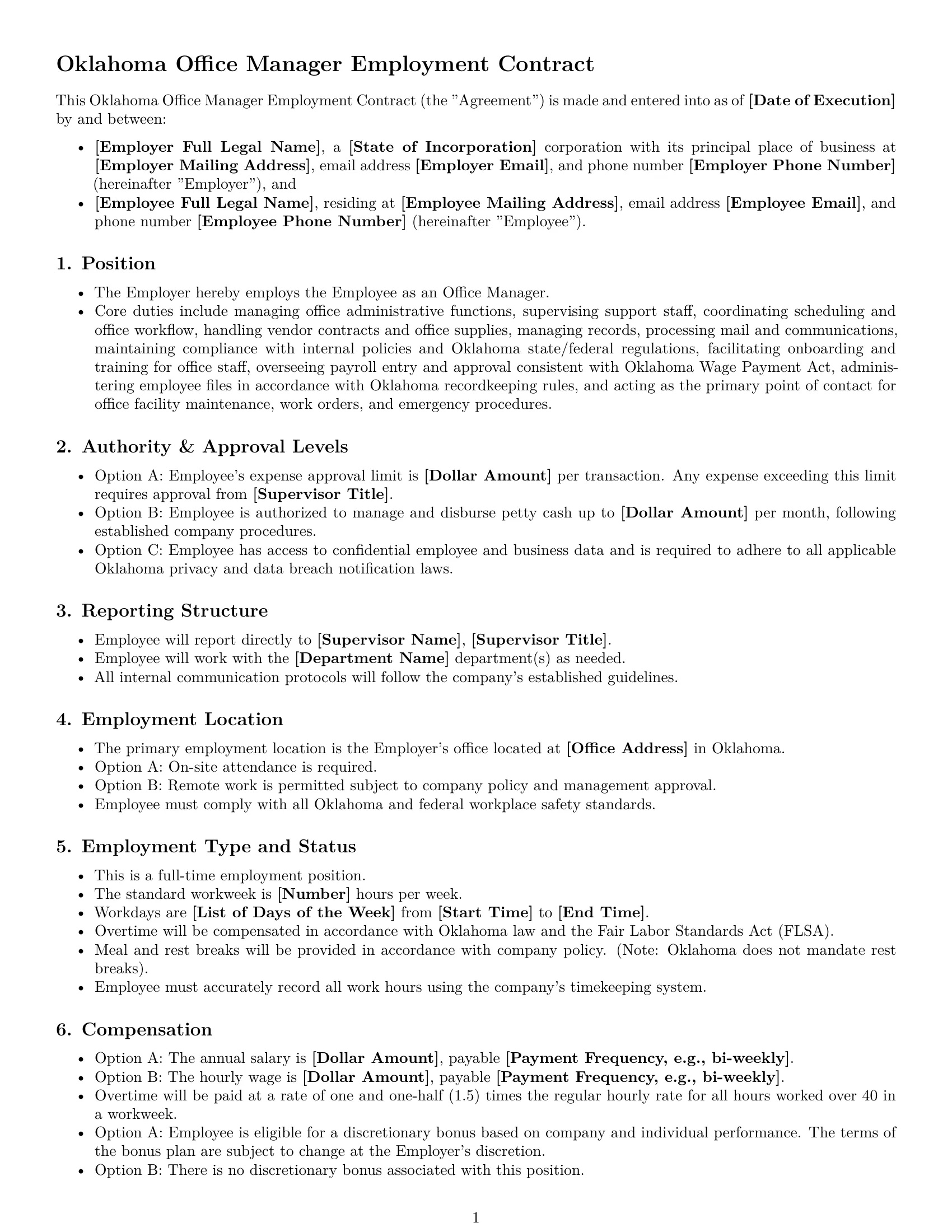 Preview page 1 of Free Oklahoma office manager employment contract template