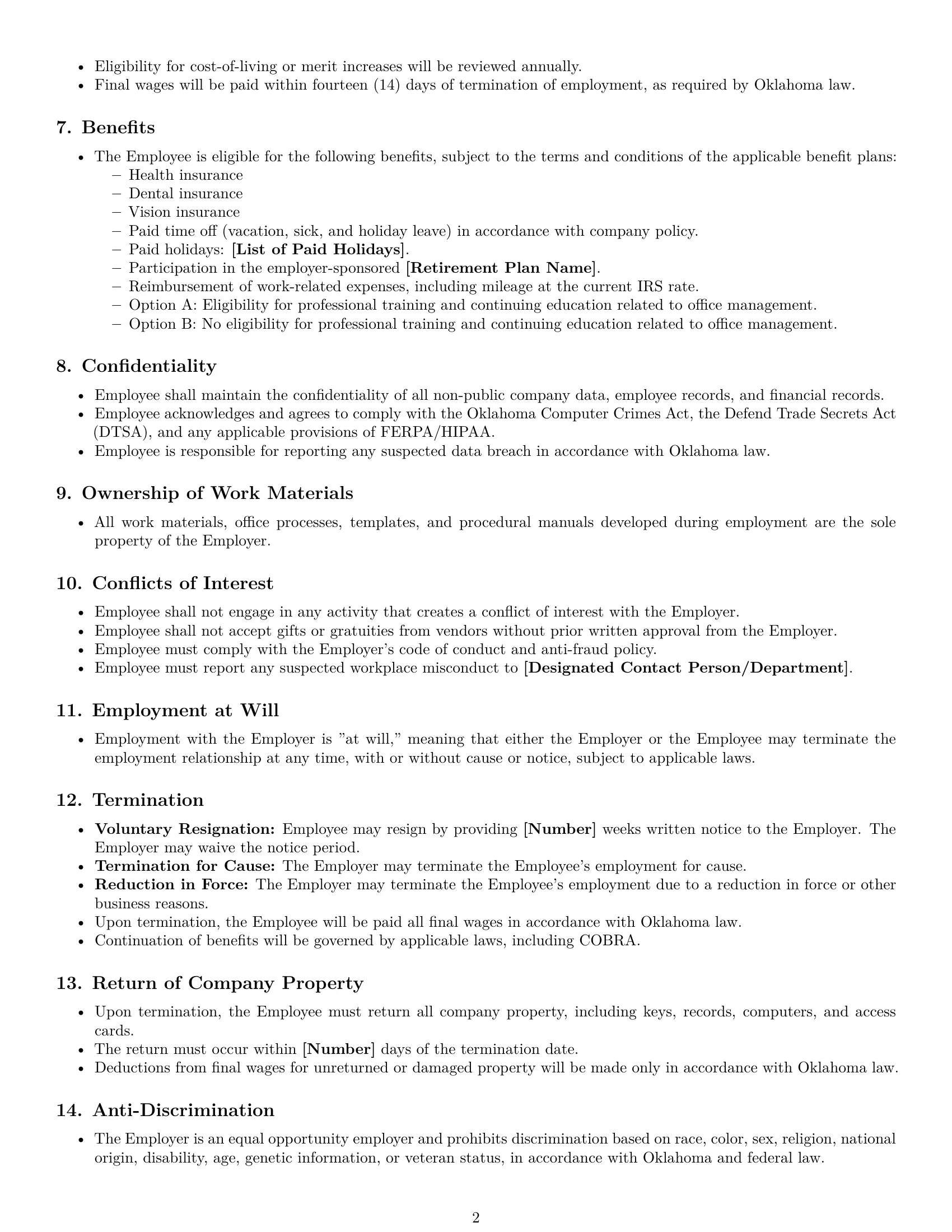 Preview page 2 of Free Oklahoma office manager employment contract template