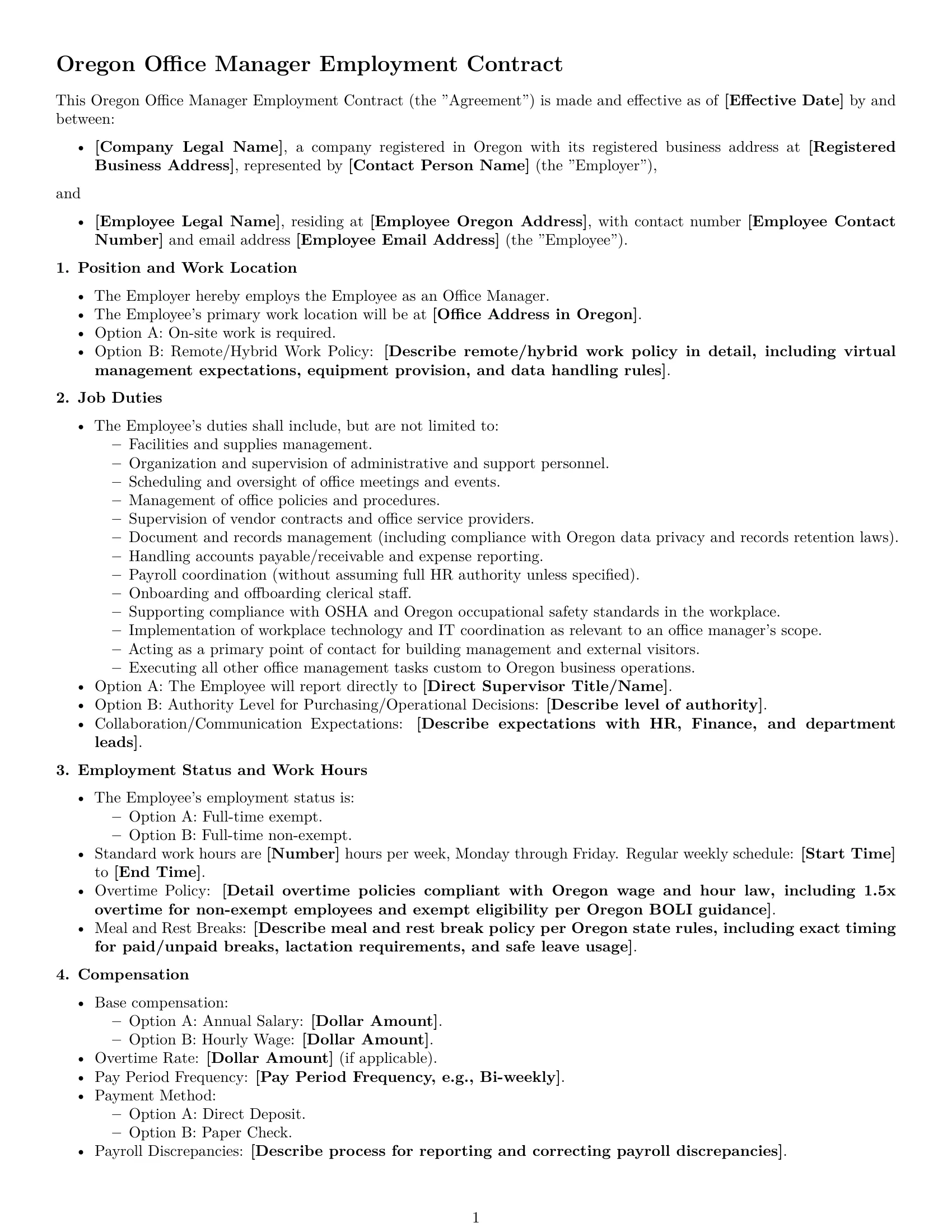 Preview page 1 of Free Oregon office manager employment contract template