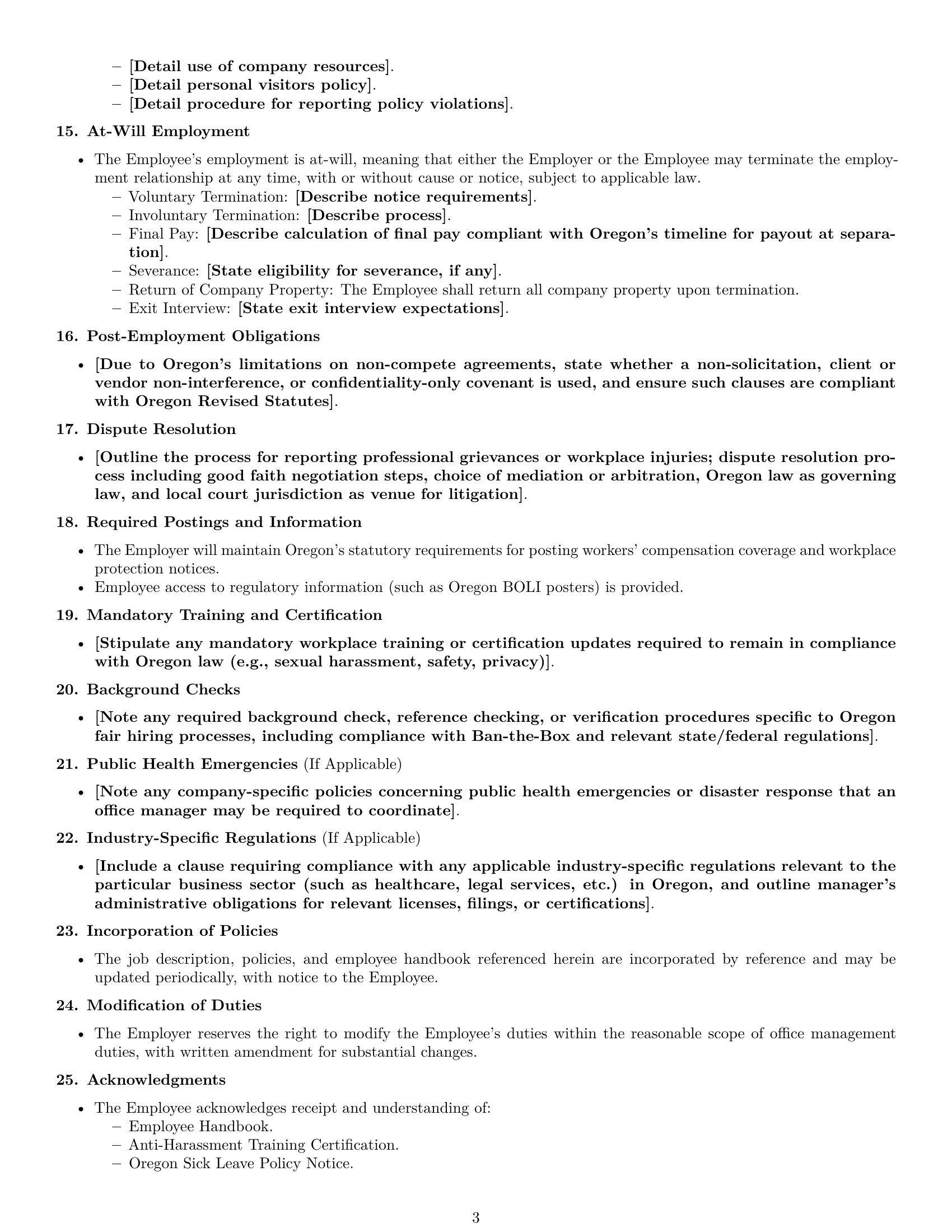 Preview page 3 of Free Oregon office manager employment contract template